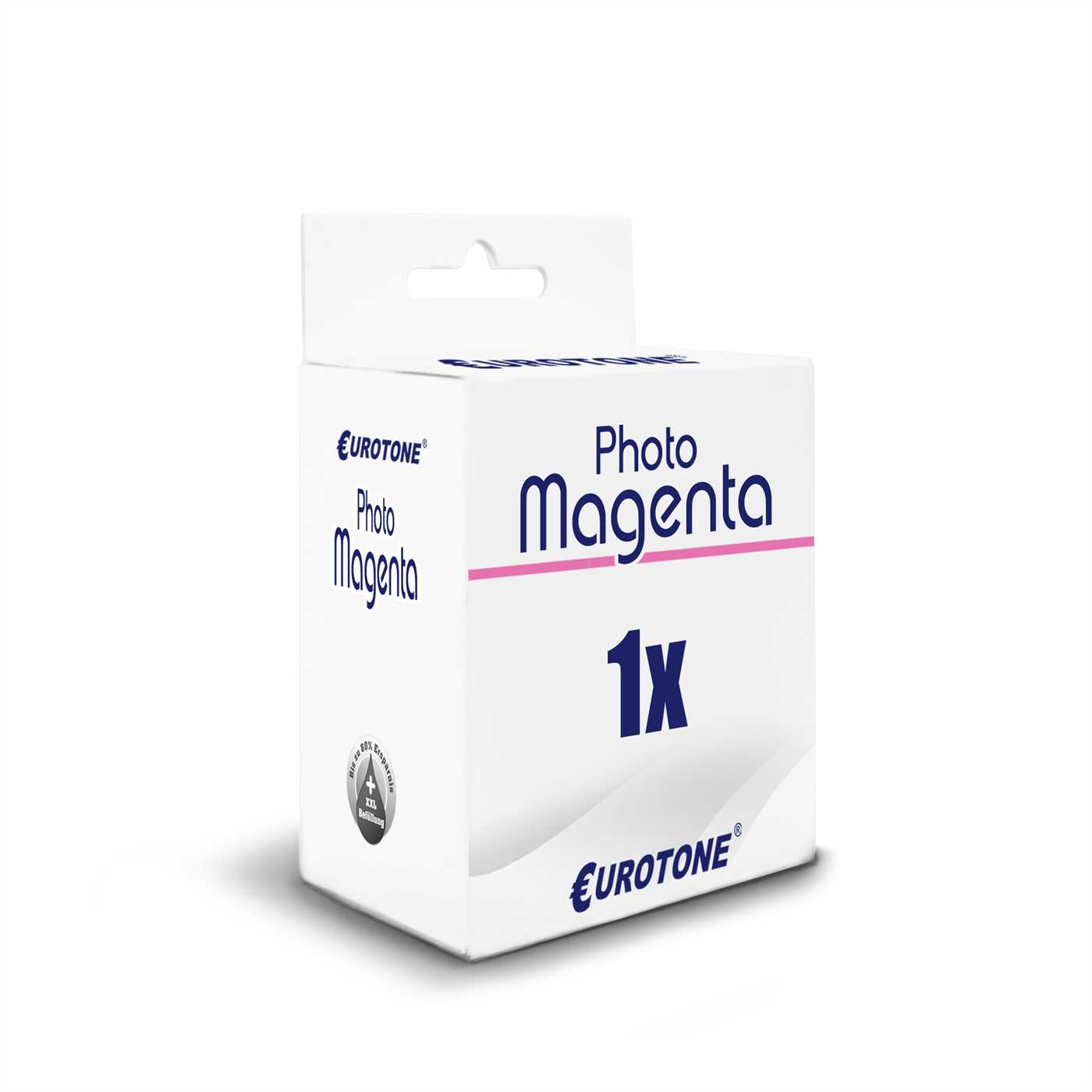 Eine weiße Schachtel mit den Worten 'Photo Magenta' und '1x'. Unten befindet sich ein Logo.
