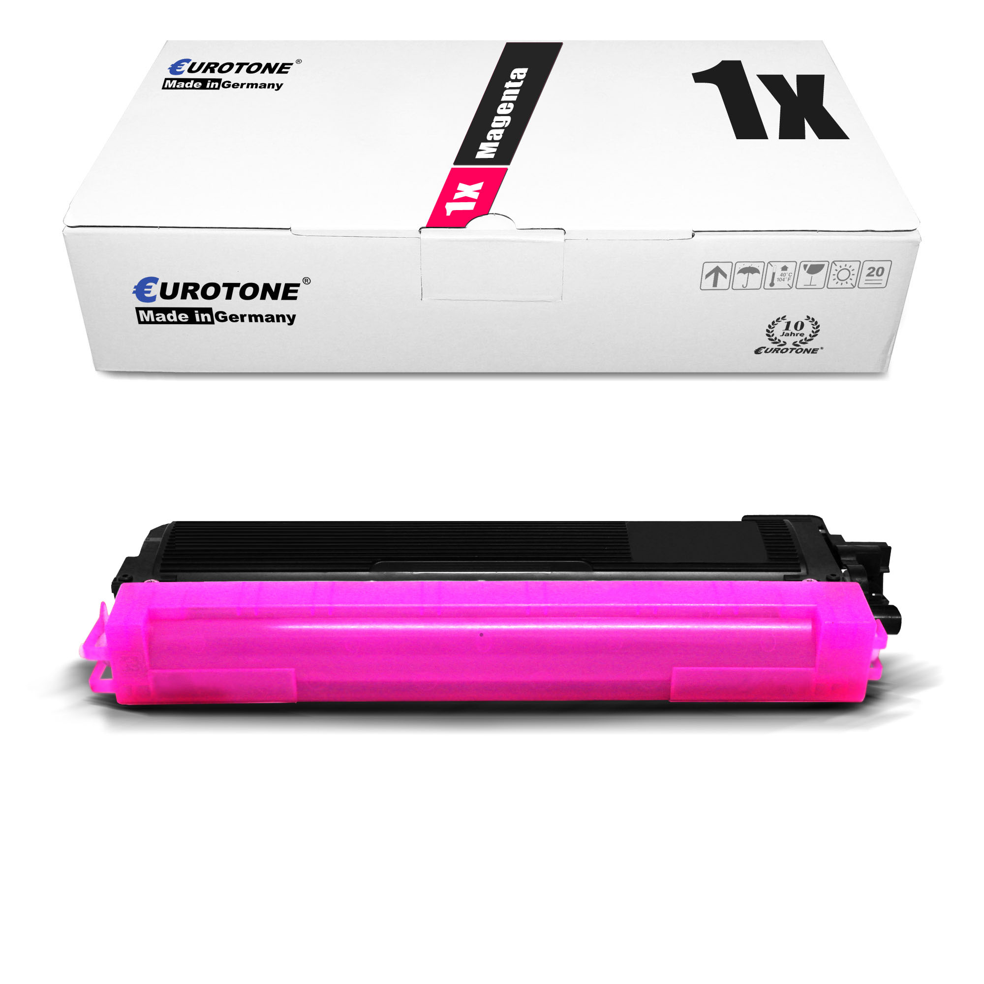 Magenta-Tonerkartuschenbox und -kartusche, weißer Hintergrund. Auf der Box steht Eurotone, 1x Magenta.