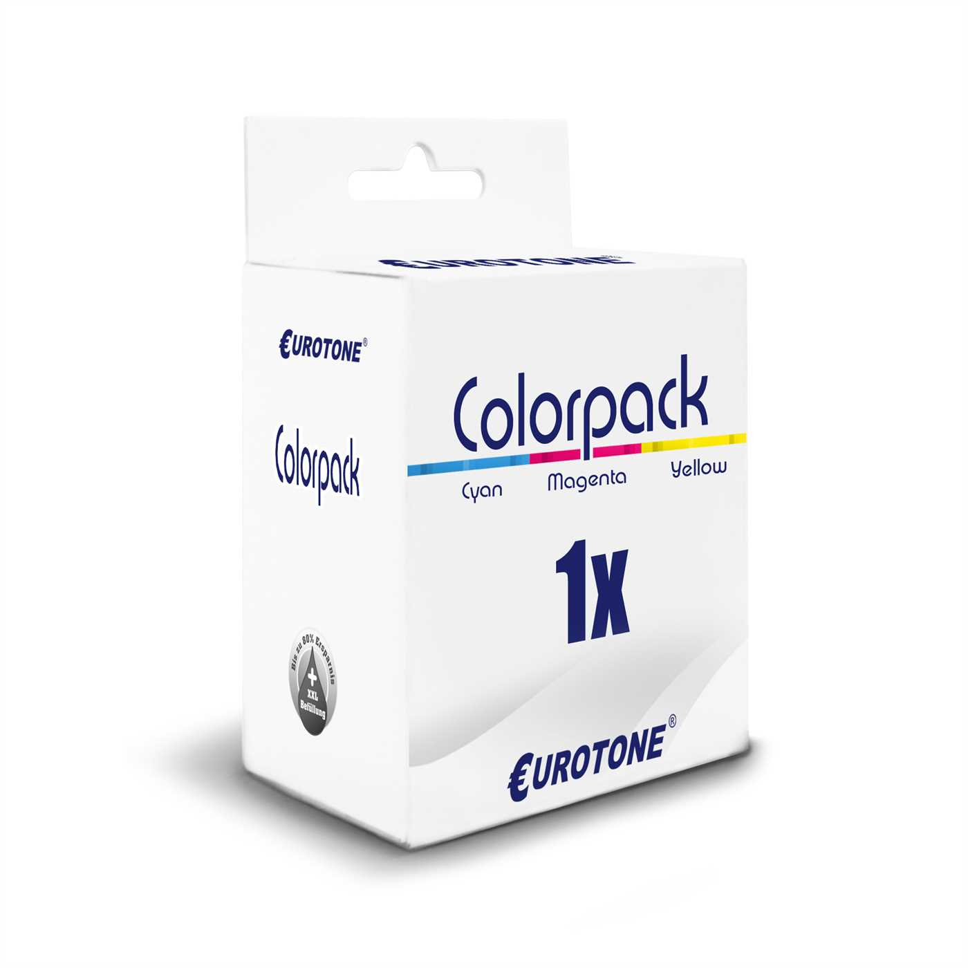 Weiße Box mit 'Colorpack', 'Cyan', 'Magenta', 'Gelb', '1x' und 'Eurotone'-Text.