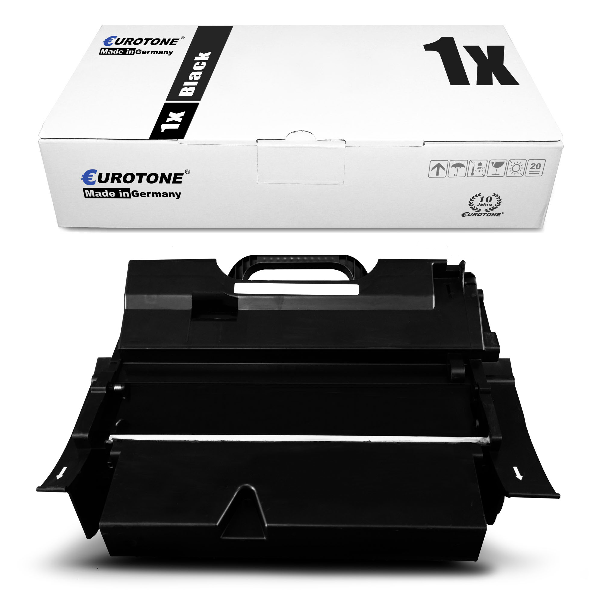 Eine schwarze Tonerkartusche mit weißer Box, beschriftet mit "1x Black" und "Made in Germany".