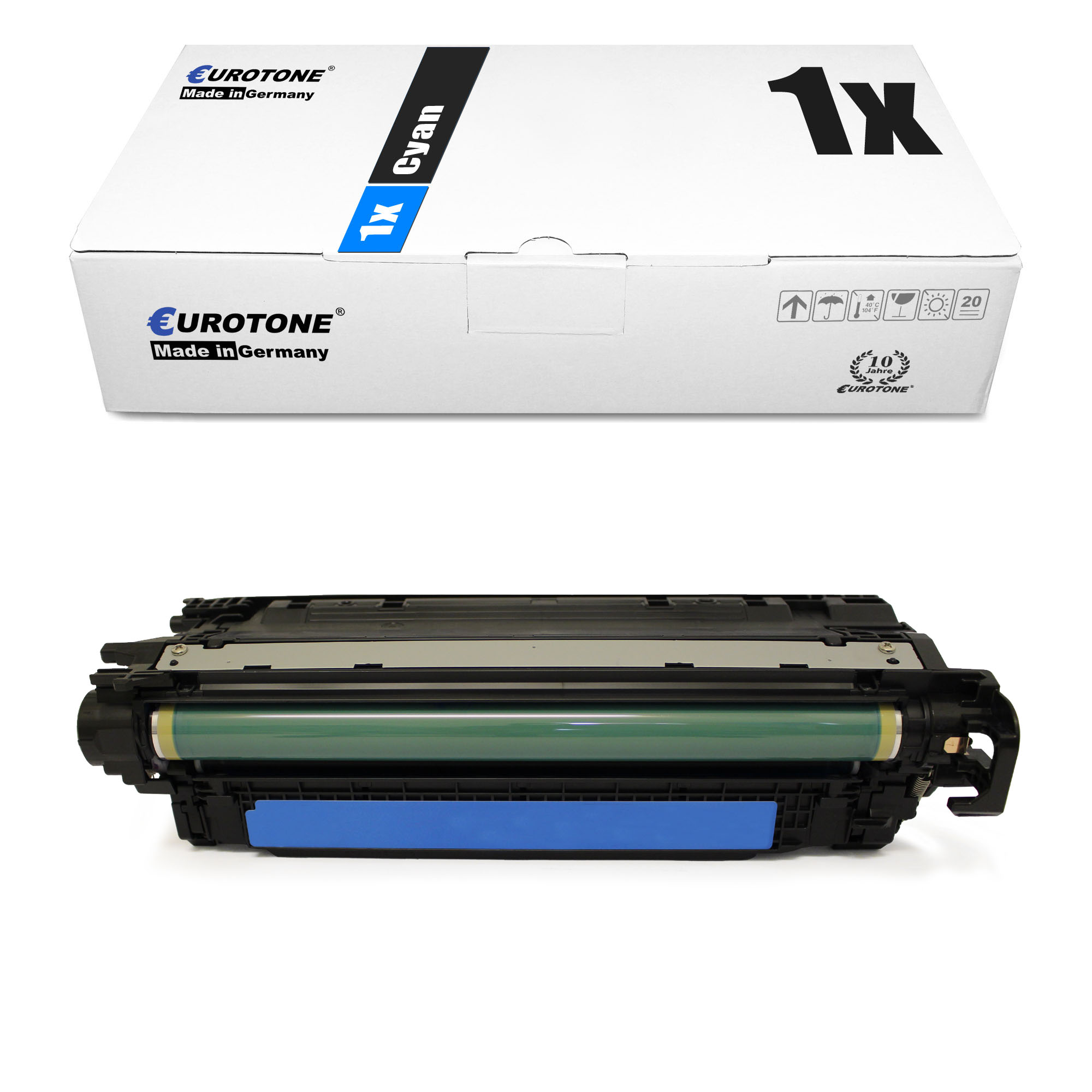 Cyan Eurotone-Tonerkartusche und -Box. Box: 1x Cyan XL. Made in Germany.