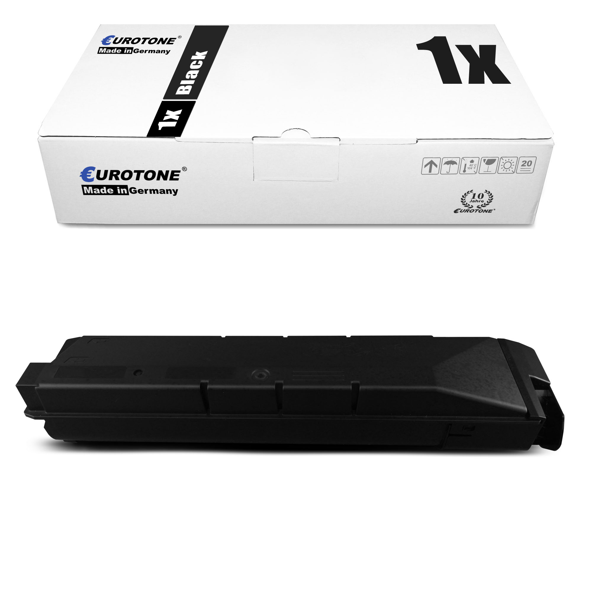 Schwarze Tonerkartusche und Box. Box hat Logo und Text. Patrone ist ganz schwarz.