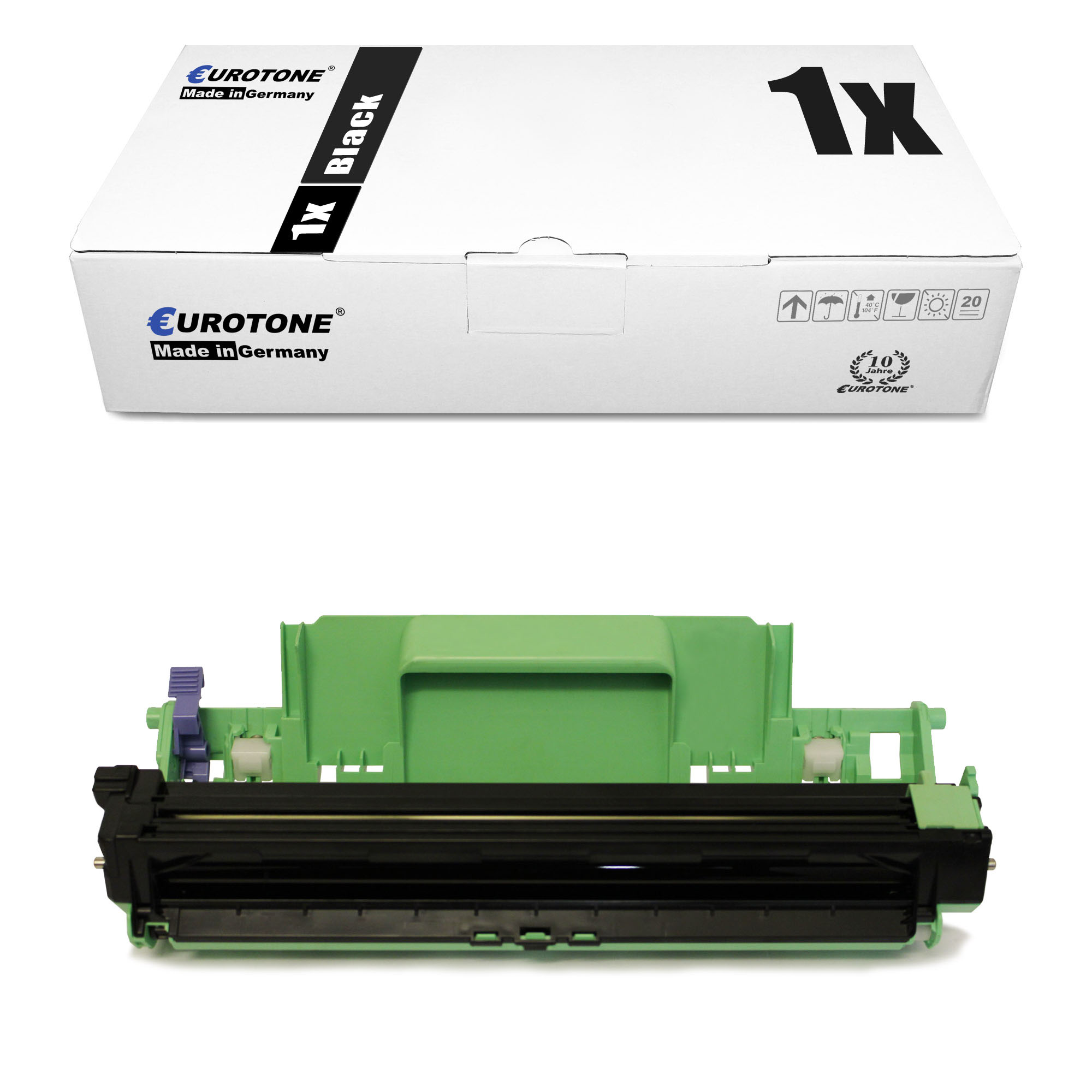 Weiße Box mit grüner Tonerkartusche. Box sagt Eurotone, Made in Germany und Black.