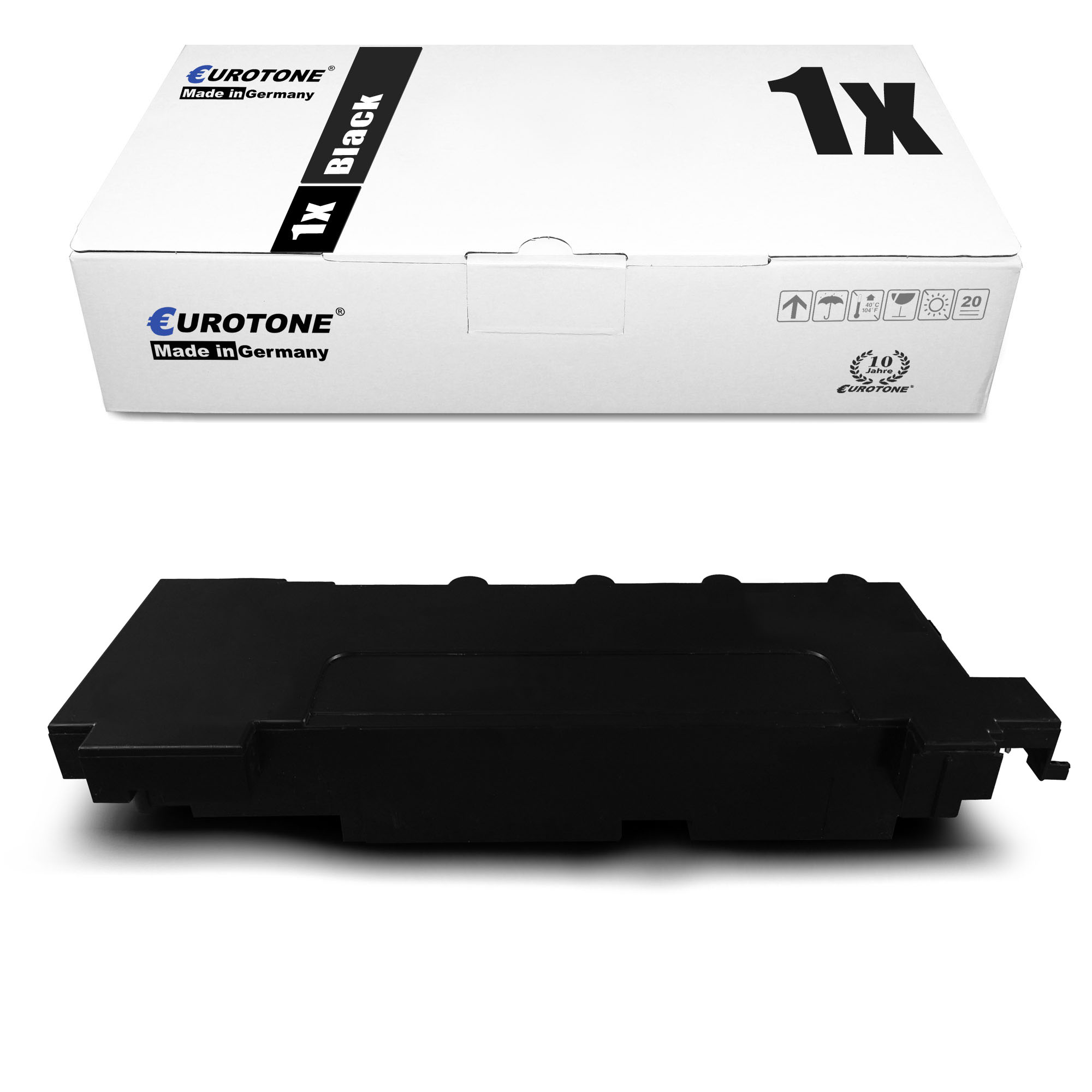 Schwarze Tonerkartusche und Box. Box hat Logo und Text. Patrone ist ganz schwarz.