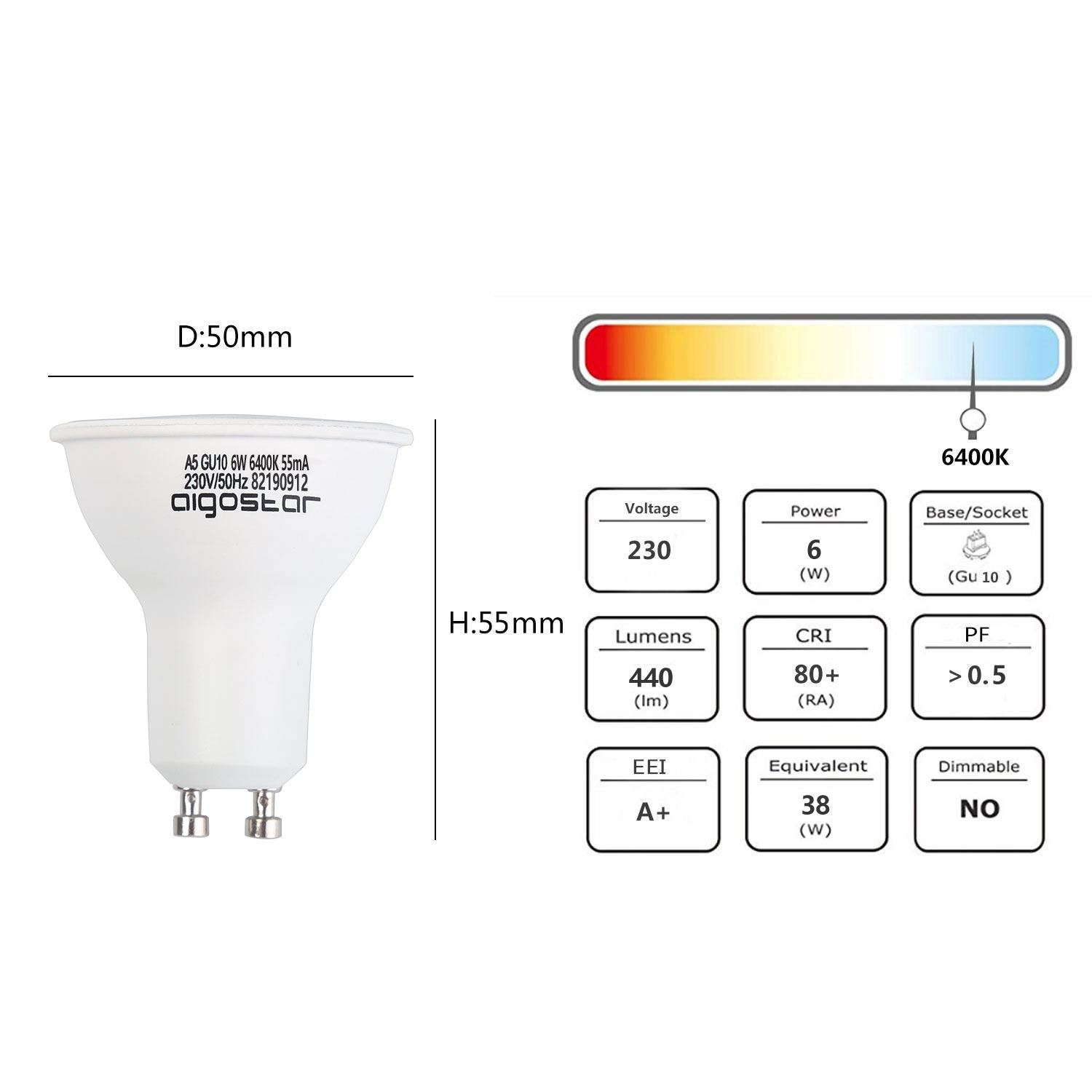 Lampadina bianca con testo e diagramma dei dati tecnici su sfondo bianco.