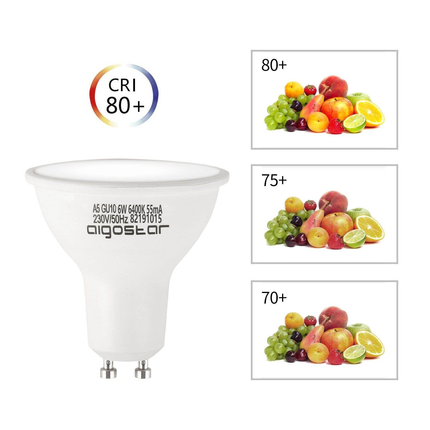 Lampadina bianca con immagini di frutta ed etichetta CRI 80+.