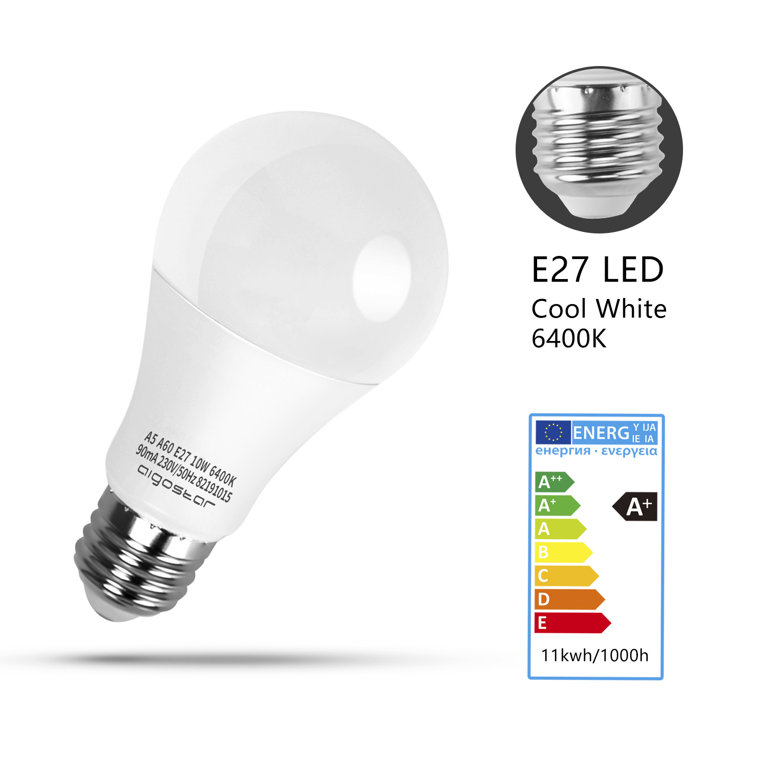 Una lampadina LED E27 bianca con base argentata ed etichetta energetica.