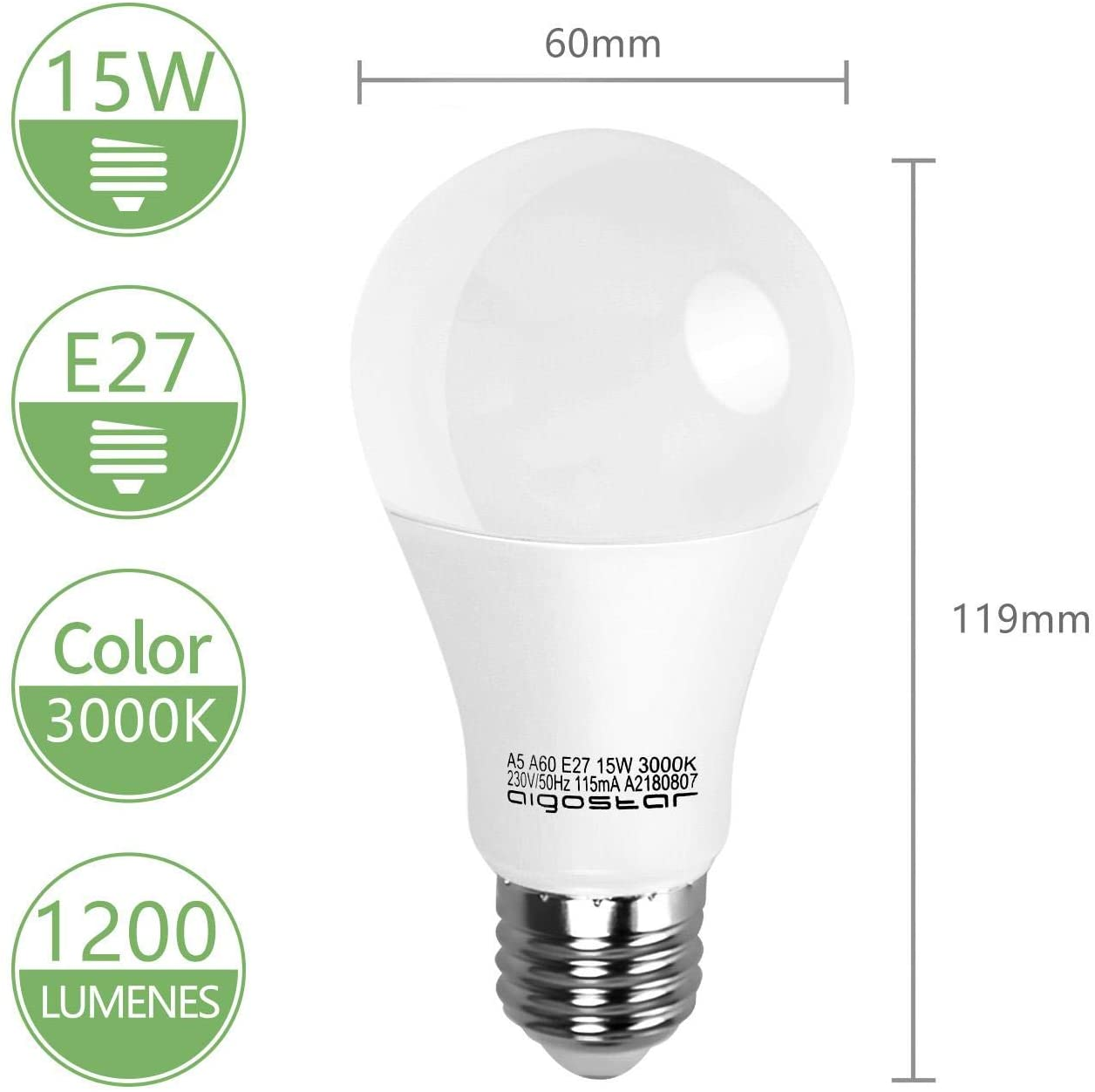 Una lampadina LED da 15W, E27, 3000K, 1200 lumen. Larga 60mm, alta 119mm.