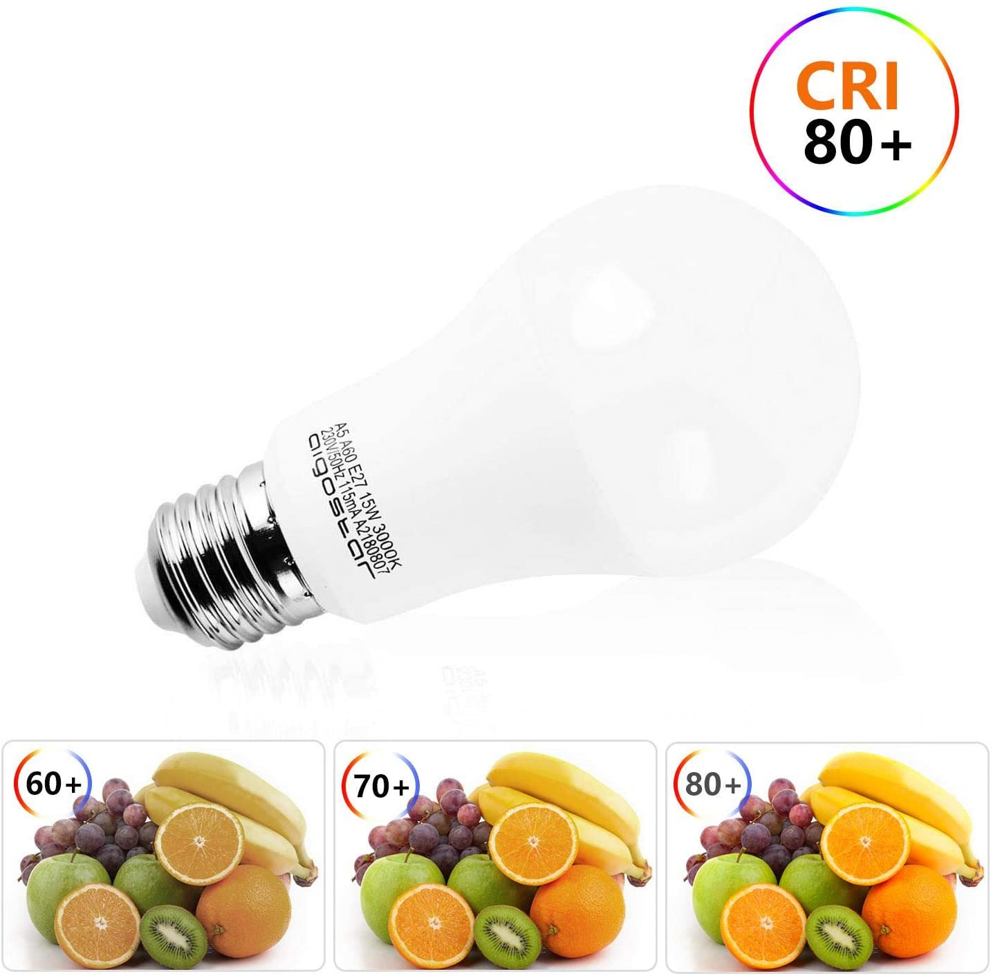 Una lampadina bianca con CRI 80+ e display di frutta.