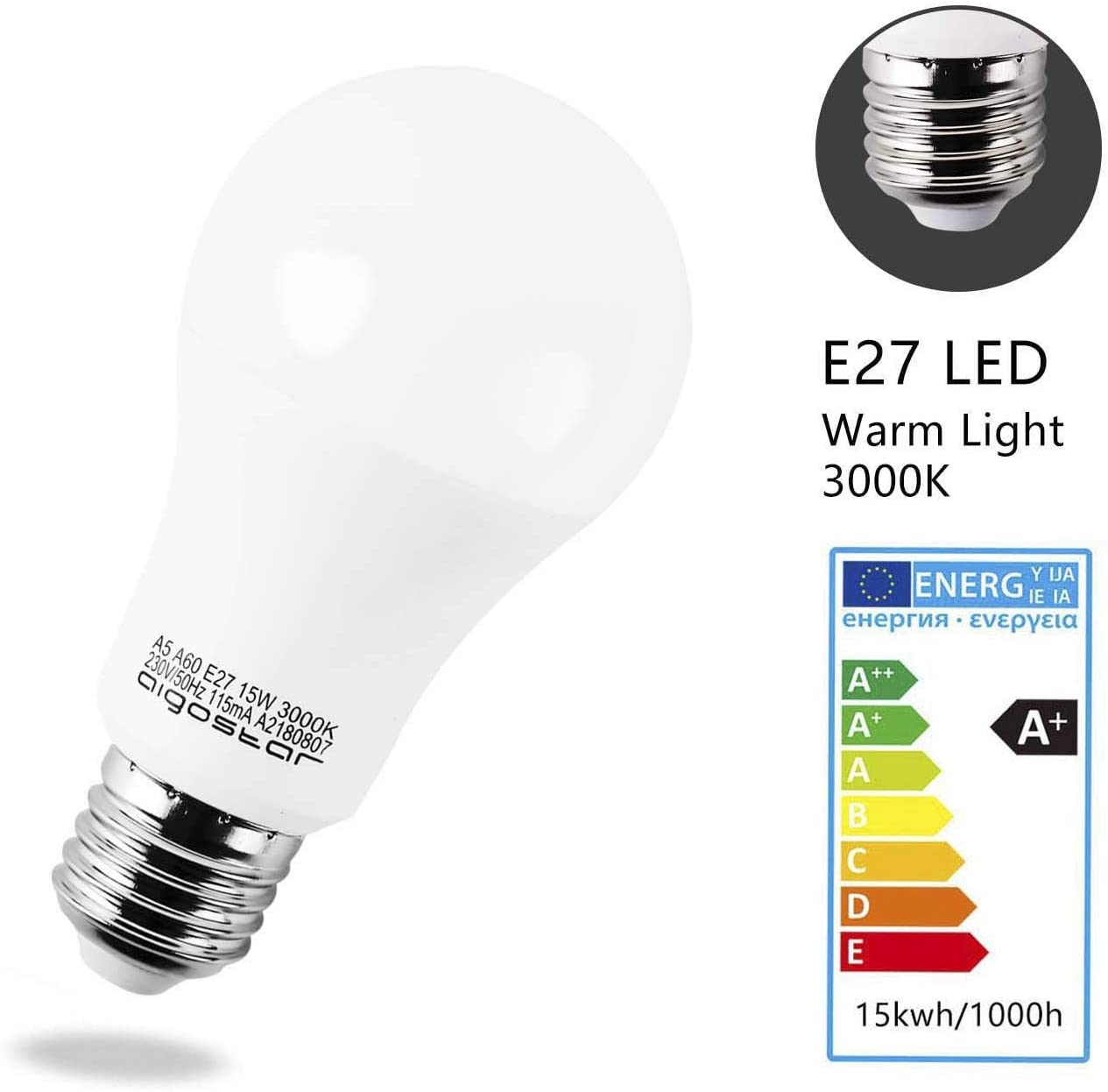Una lampadina LED E27 bianca con luce calda (3000K) e etichetta energetica.