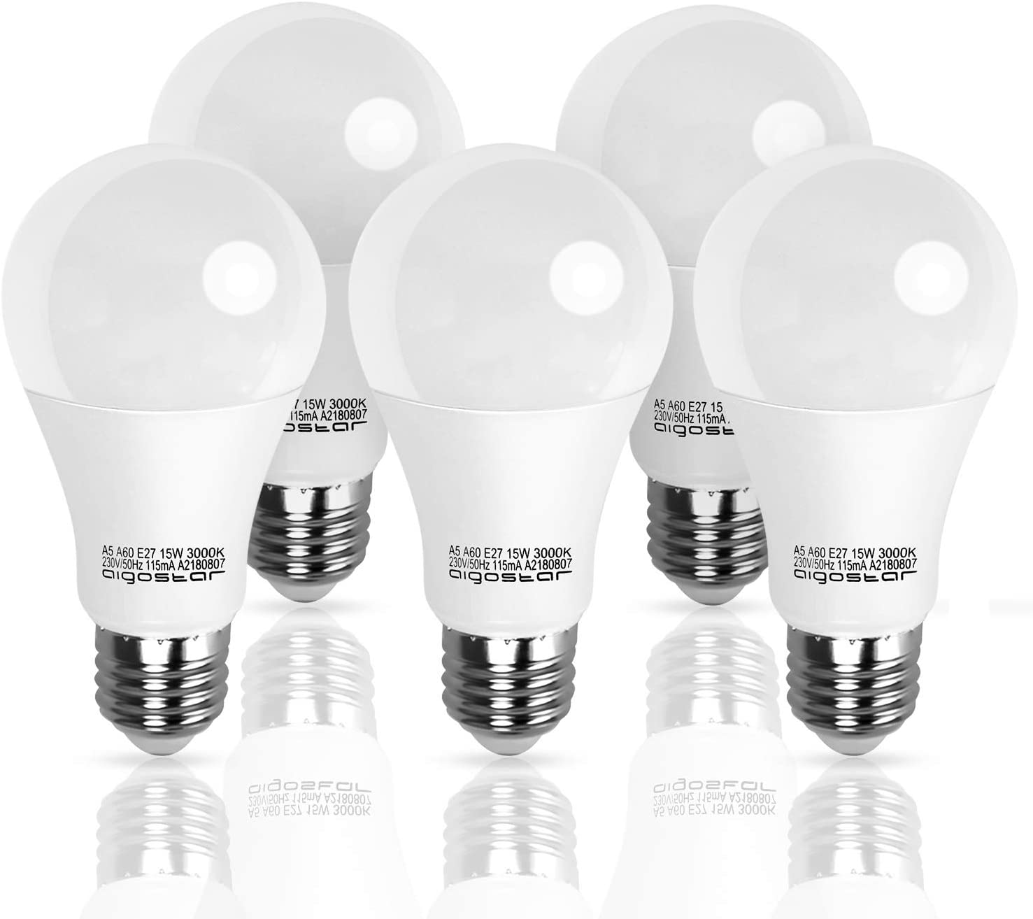 Cinque lampadine a LED bianche con base E27, disposte fianco a fianco su sfondo bianco.
