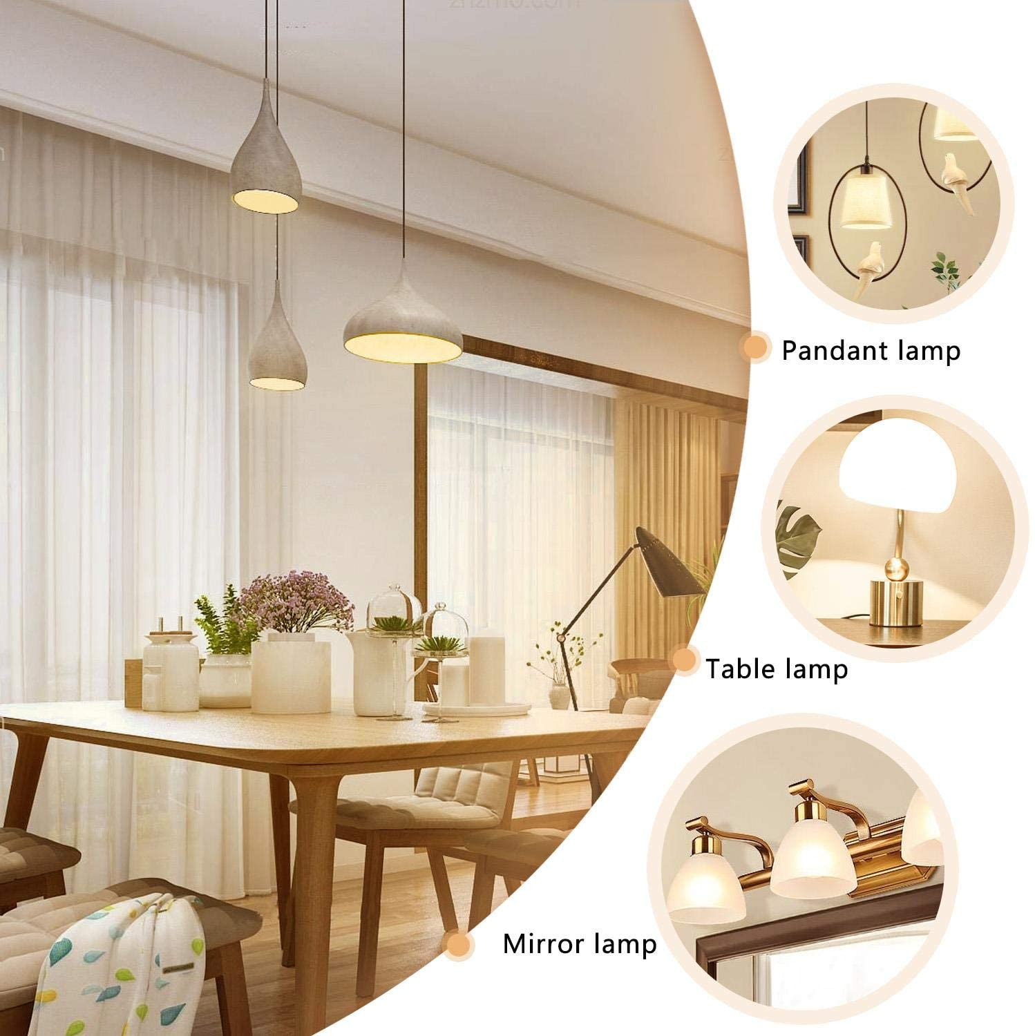 Sala da pranzo moderna con lampade a sospensione, lampada da tavolo e dettagli lampada specchio.