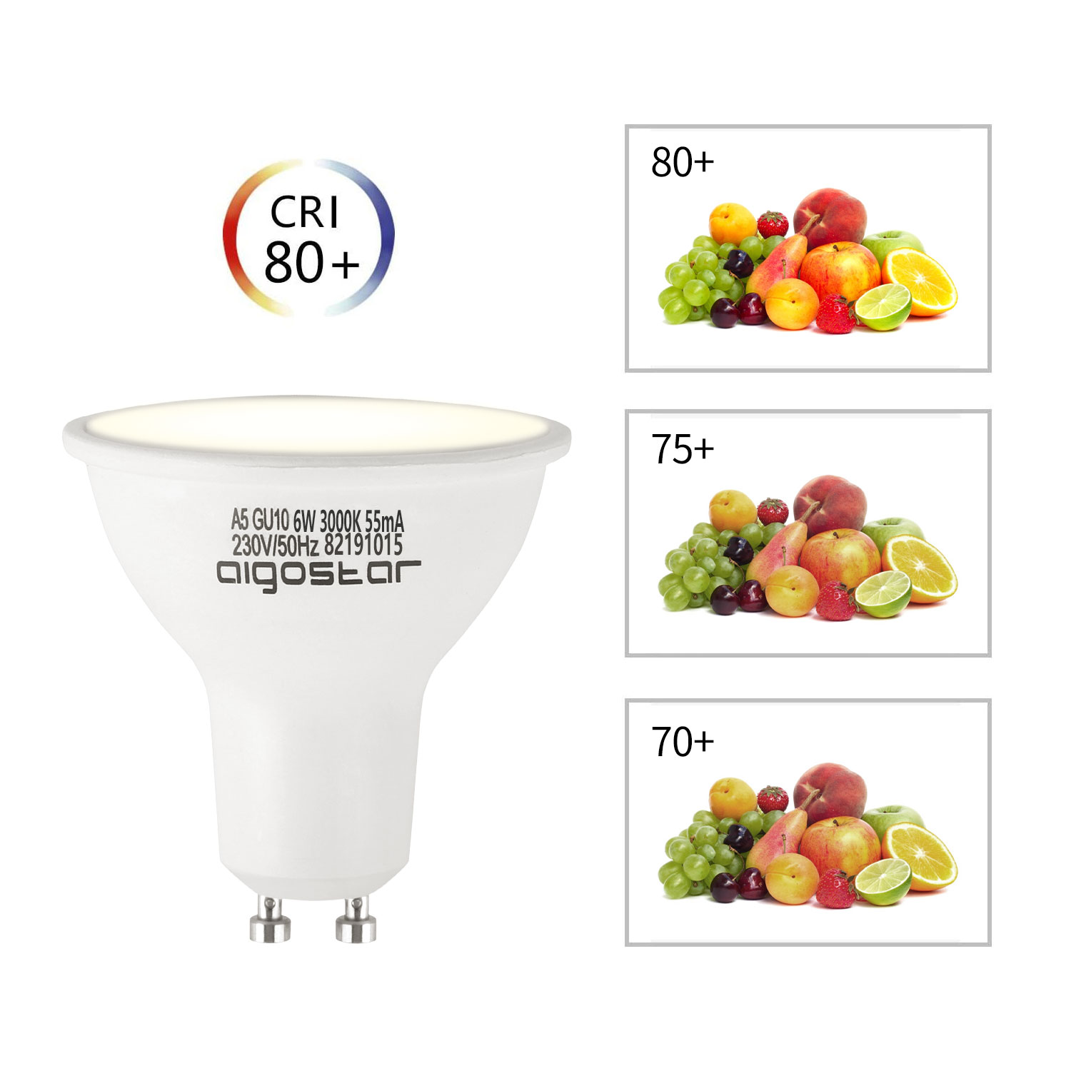 Lampada bianca con CRI 80+ e immagini di frutta accanto. Sfondo bianco.