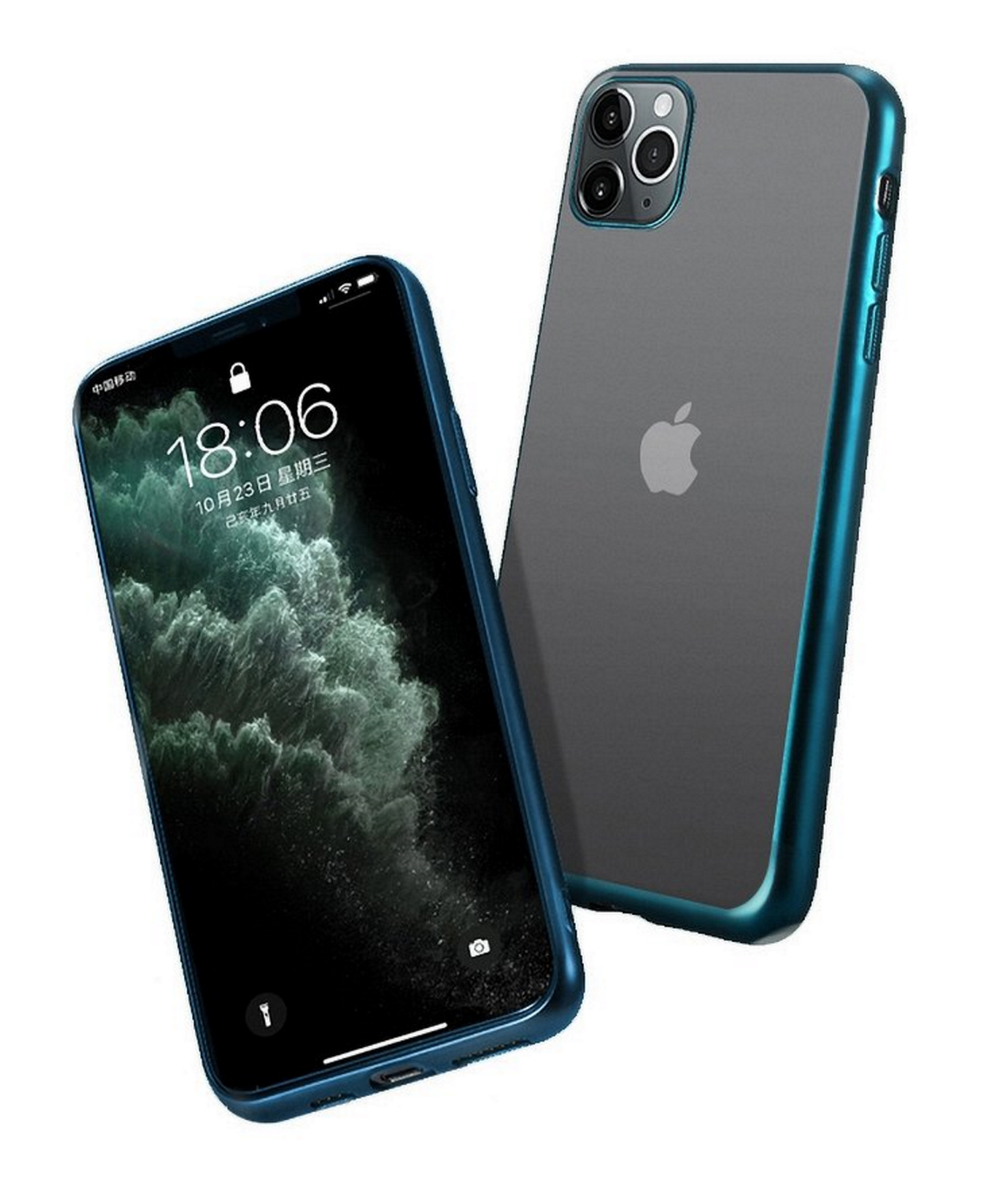 Zwei iPhones, eins mit blauem Rahmen. Beide zeigen Startbildschirme mit Apps und Uhrzeit.