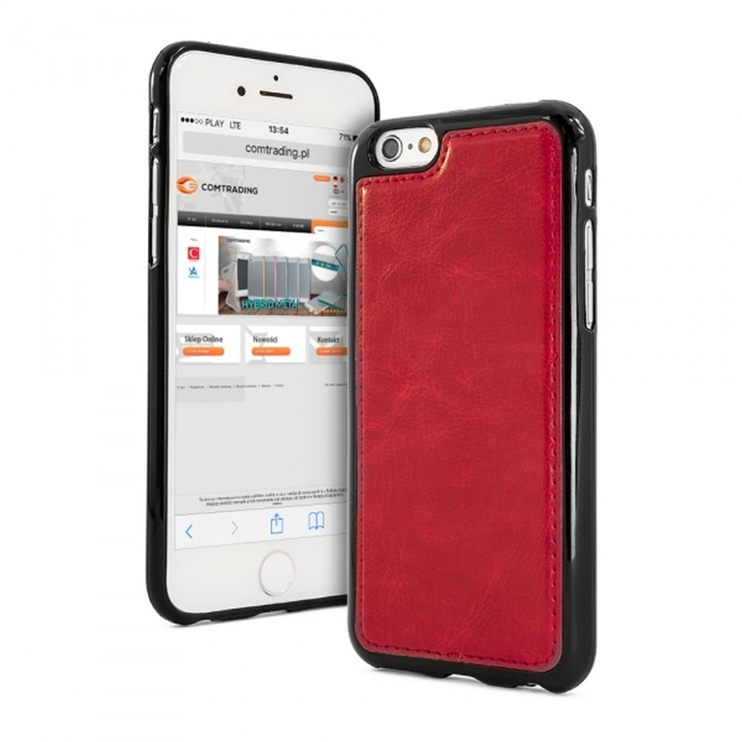 Smartphone mit Website auf dem Bildschirm und roter Lederhülle.
