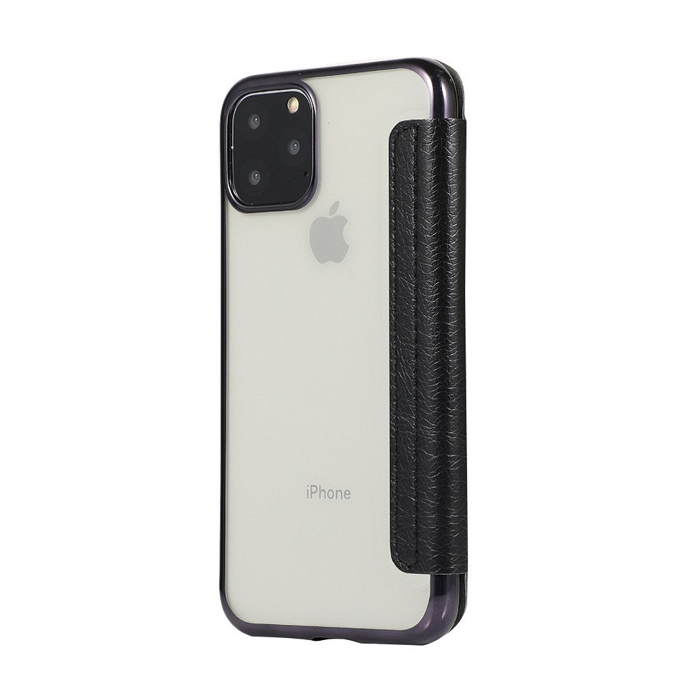 iPhone in transparentem Case mit schwarzem Riemen. Das Apple-Logo ist sichtbar.