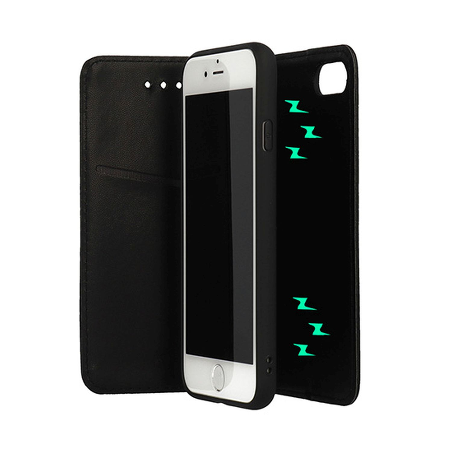 Schwarze Handyhülle geöffnet mit Telefon. Rückseite mit Blitz-Designs.