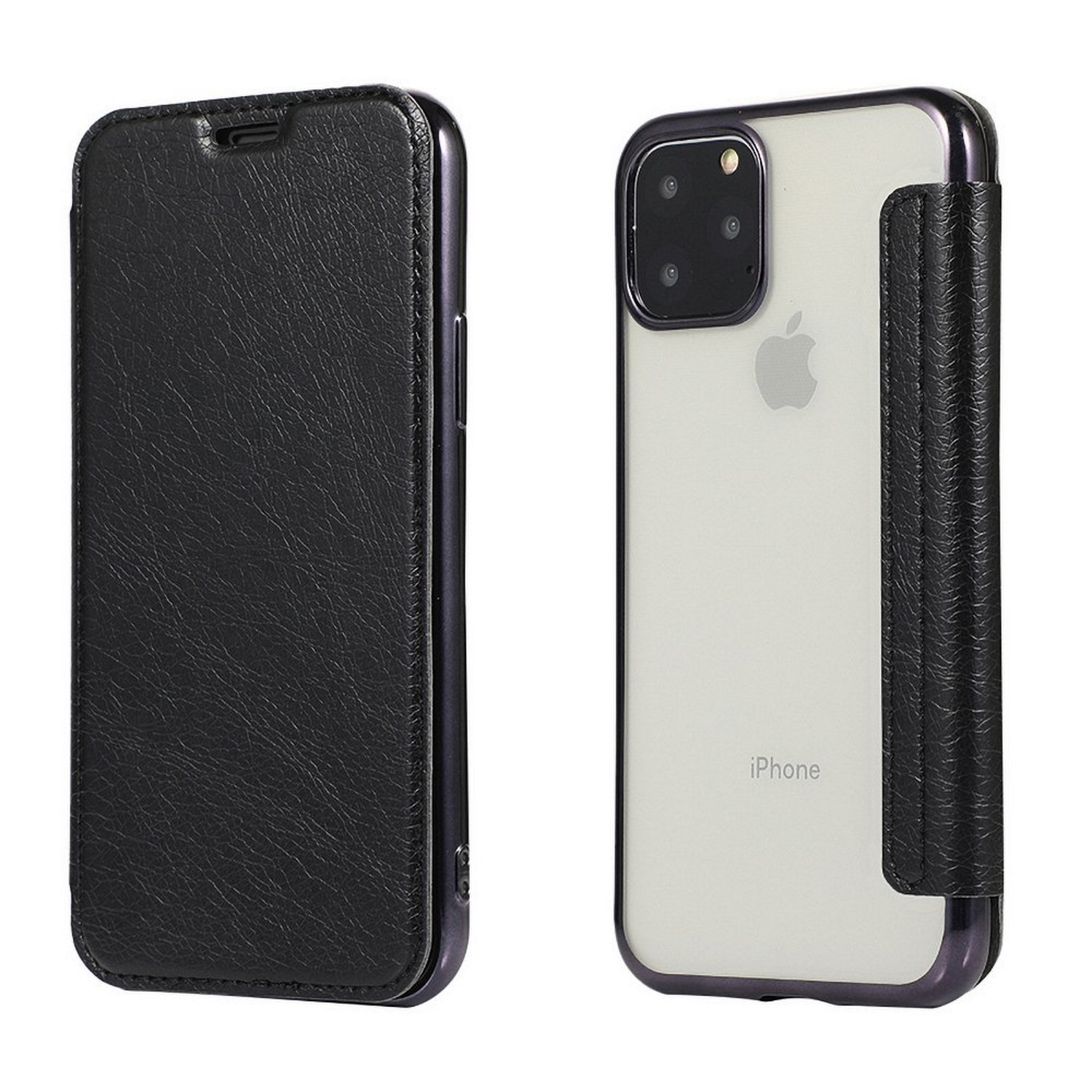 Zwei Handyhüllen: eine geschlossene schwarze Leder, eine offene mit iPhone.