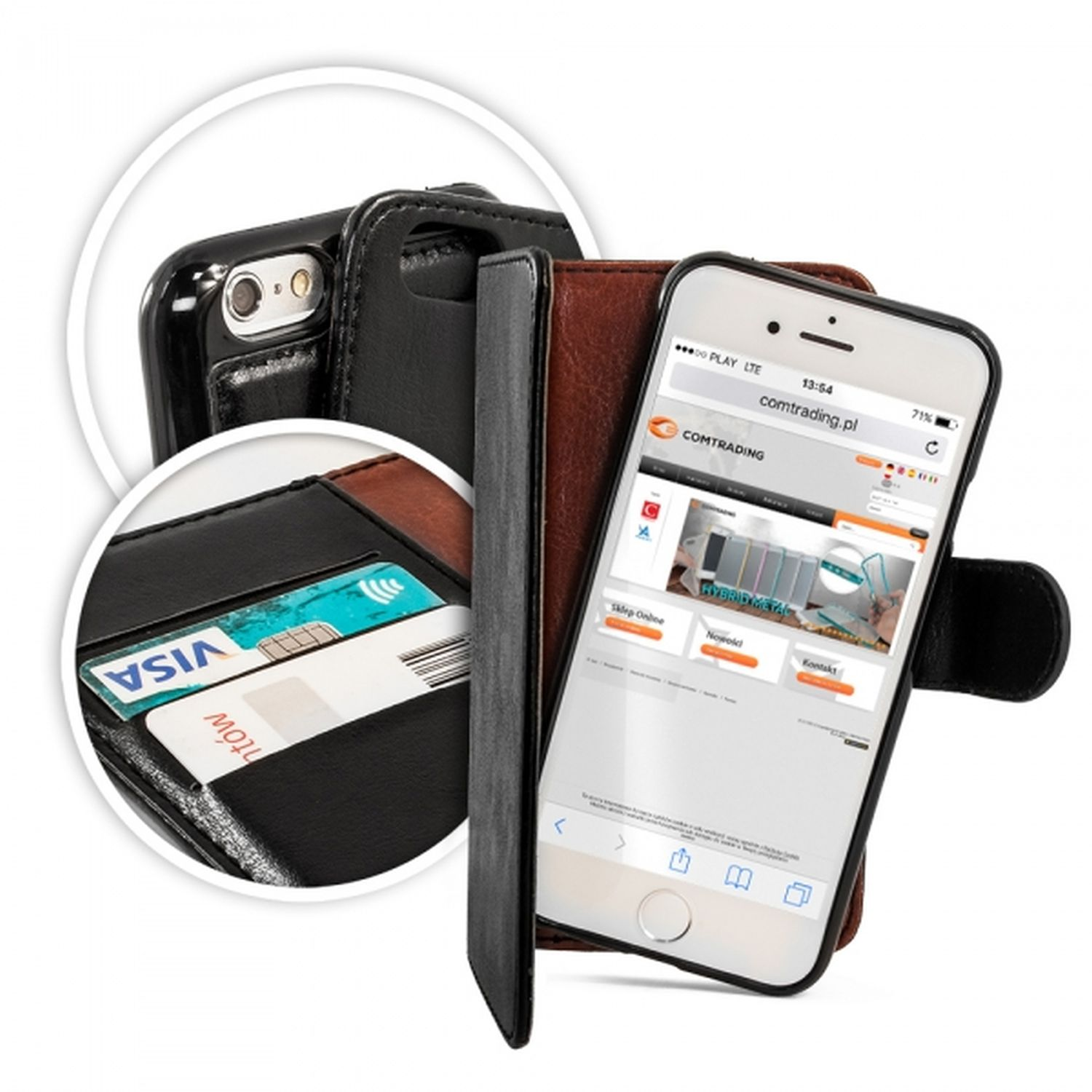 Telefon in einer schwarz-braunen Brieftasche. Eine Visa-Karte ist sichtbar. Der Bildschirm zeigt eine Webseite.