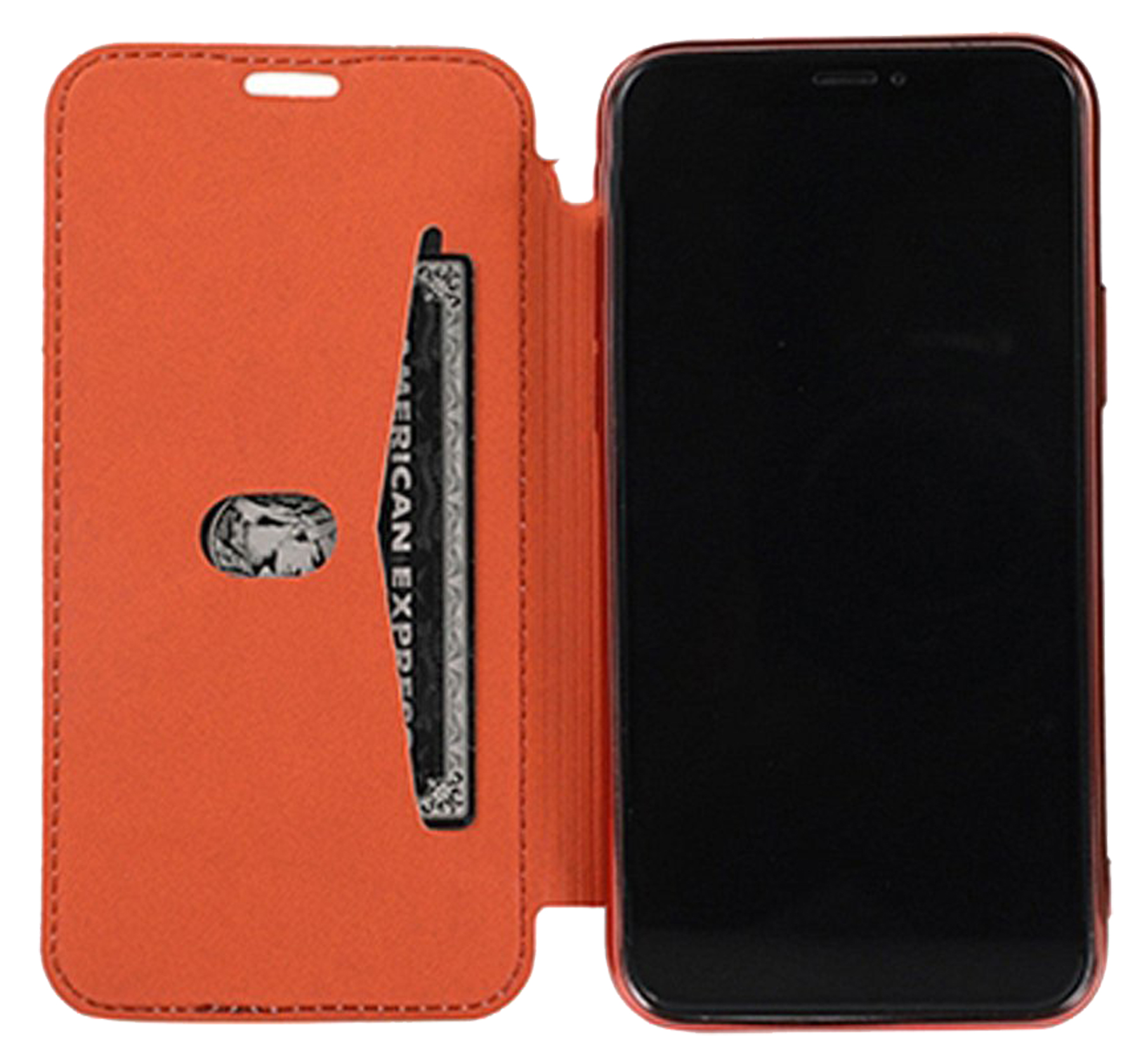 Orange Handyhülle offen, mit Telefon und Kartenfächern.