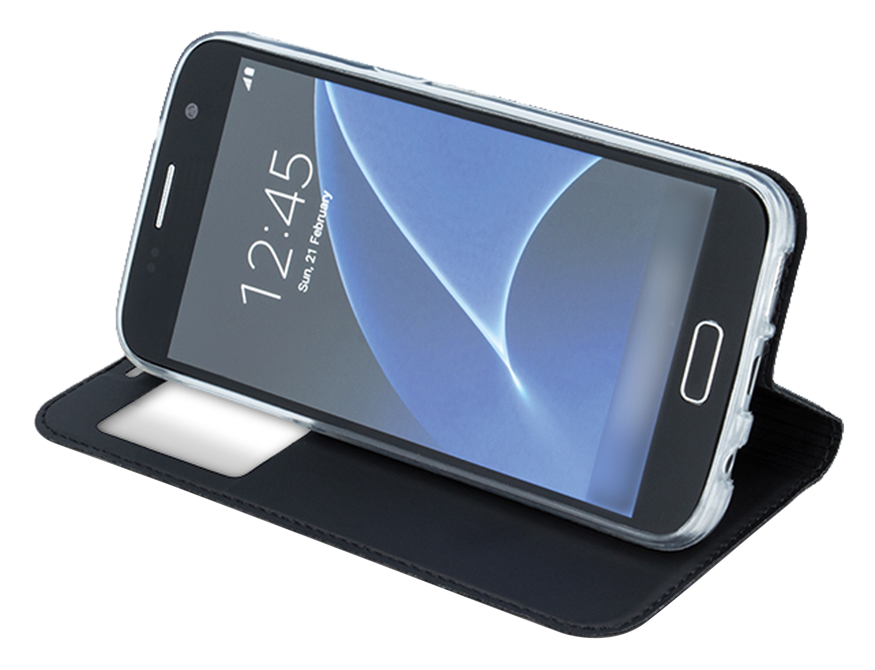 Smartphone in schwarzer Hülle, geöffnet, um den Bildschirm mit Uhrzeit und Datum zu zeigen.
