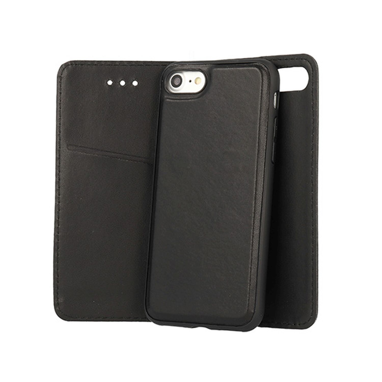 Eine schwarze Handyhülle mit einem Telefon darin, geöffnet, zeigt den Bildschirm und die Form.