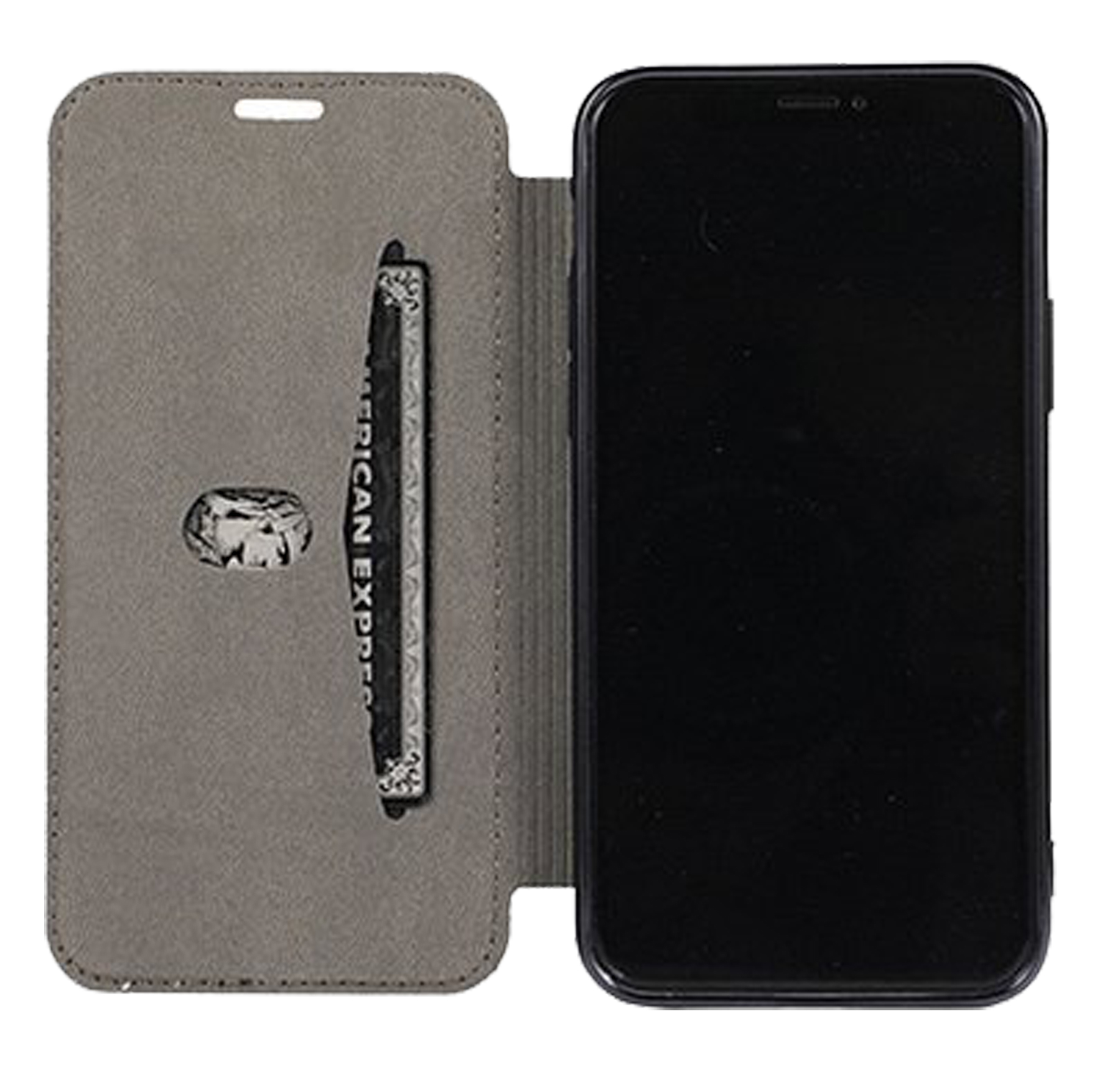 Geöffnete Handyhülle mit Telefon und American Express Karte. Die Hülle ist grau und hat Magnetverschluss.