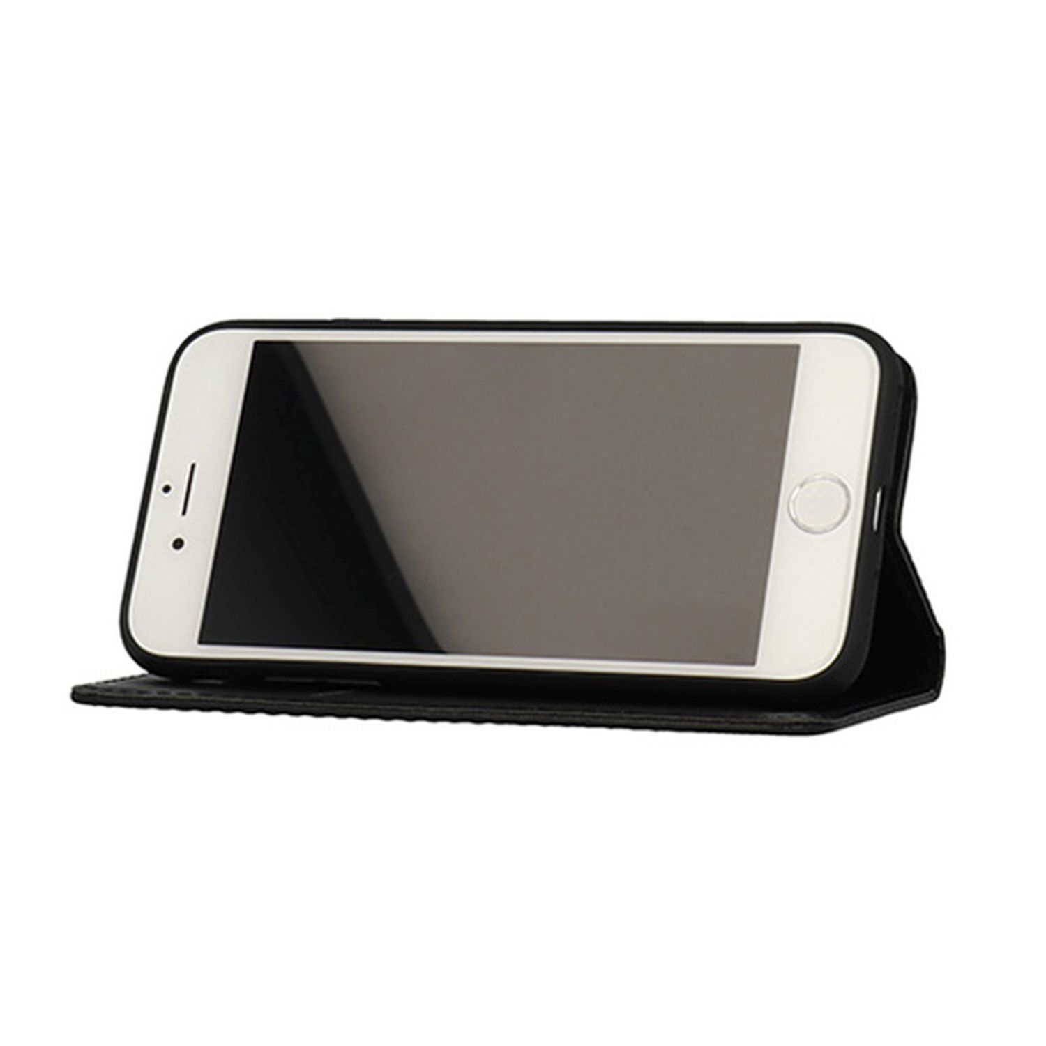 Schwarzes Telefon in einem offenen Gehäuse. Weißer Bildschirm sichtbar, Telefon im Querformat. Schwarzes Gehäuse.