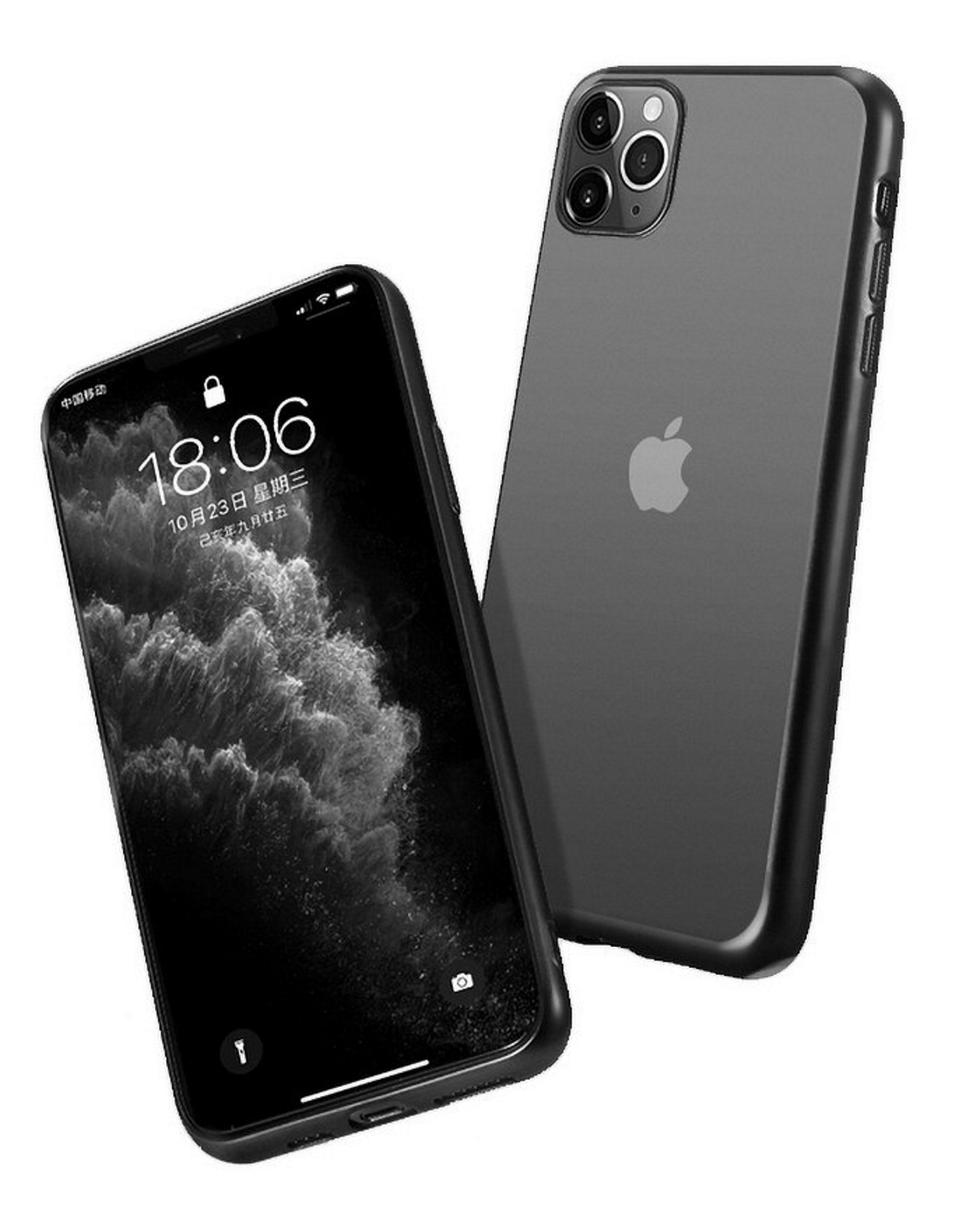 Zwei schwarze Telefone. Eines abgewinkelt mit dem Bildschirm mit einer Oberfläche, das andere die Rückseite zeigend.