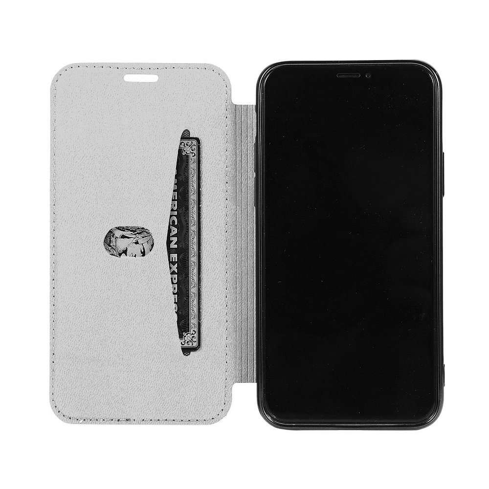 Geöffnete Handyhülle mit Telefon und Kartenfach mit Karte "AMERICAN EXPRESS".