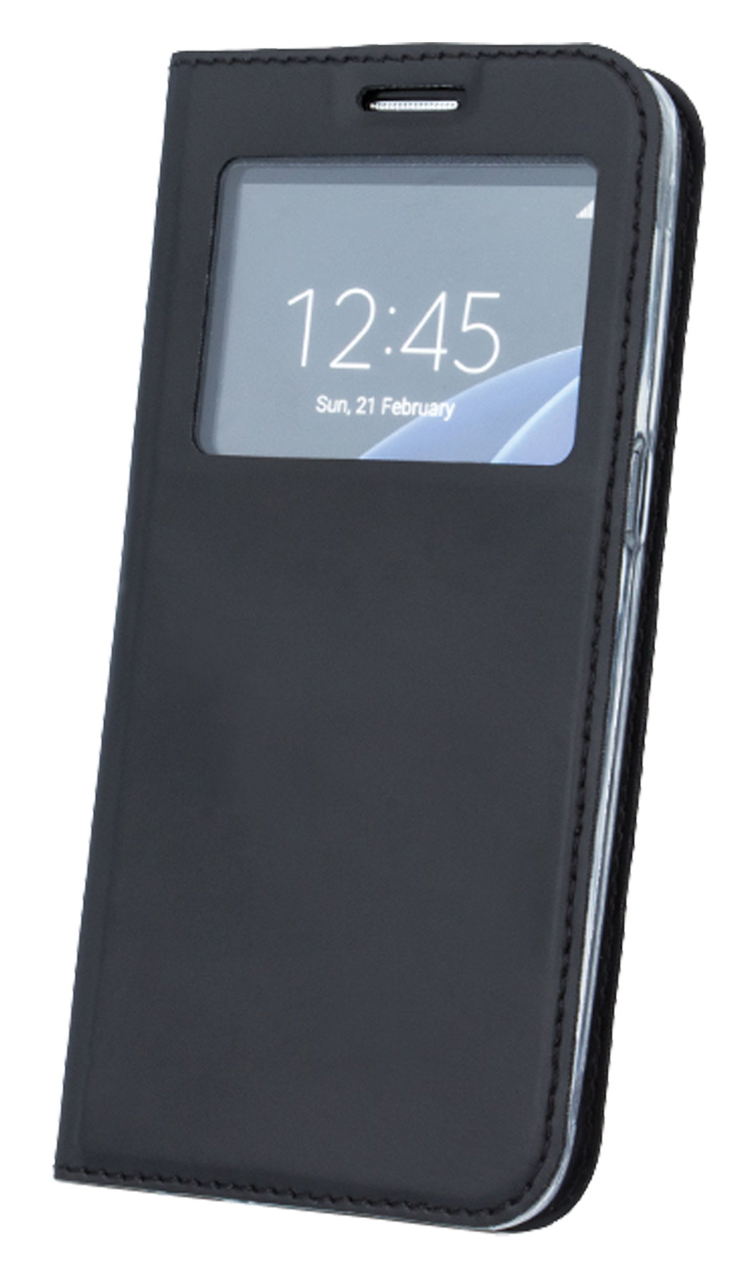 Eine schwarze Handyhülle mit Fenster, das einen Telefonbildschirm mit Uhrzeit zeigt, auf weißem Grund.