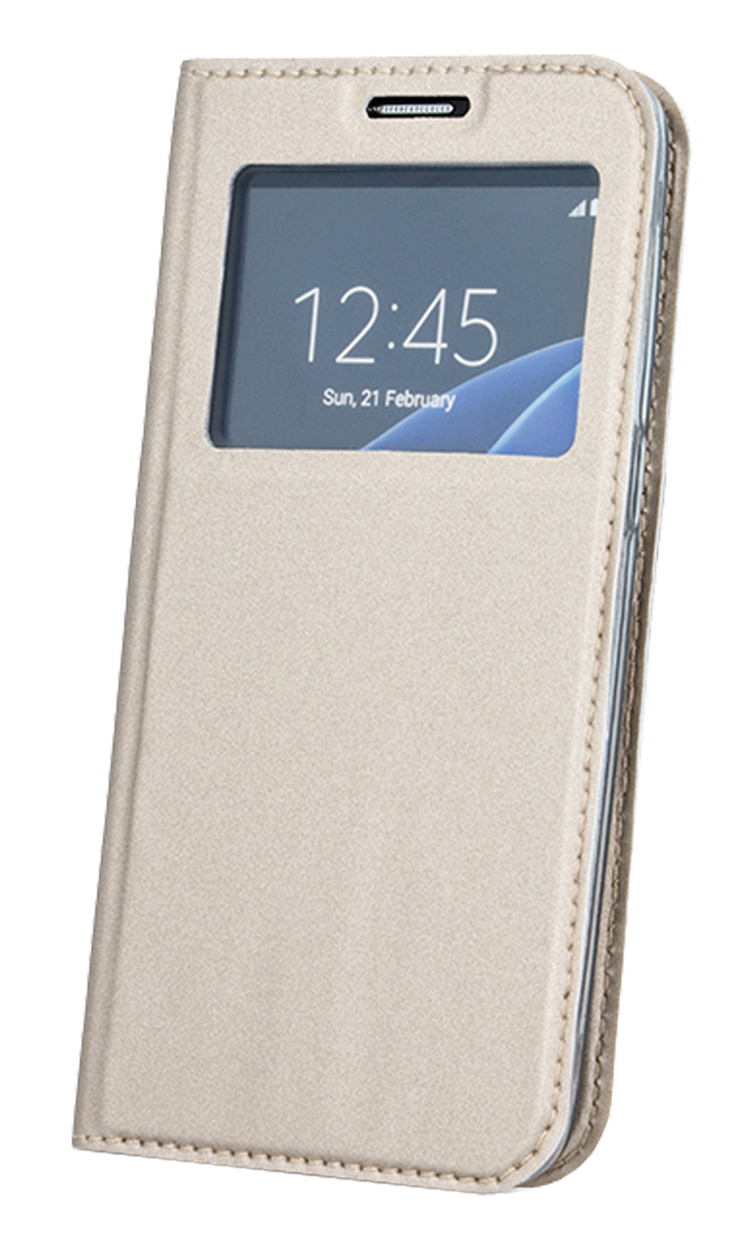 Beige Handyhülle mit Fenster, Telefon innen. Weißer Hintergrund.