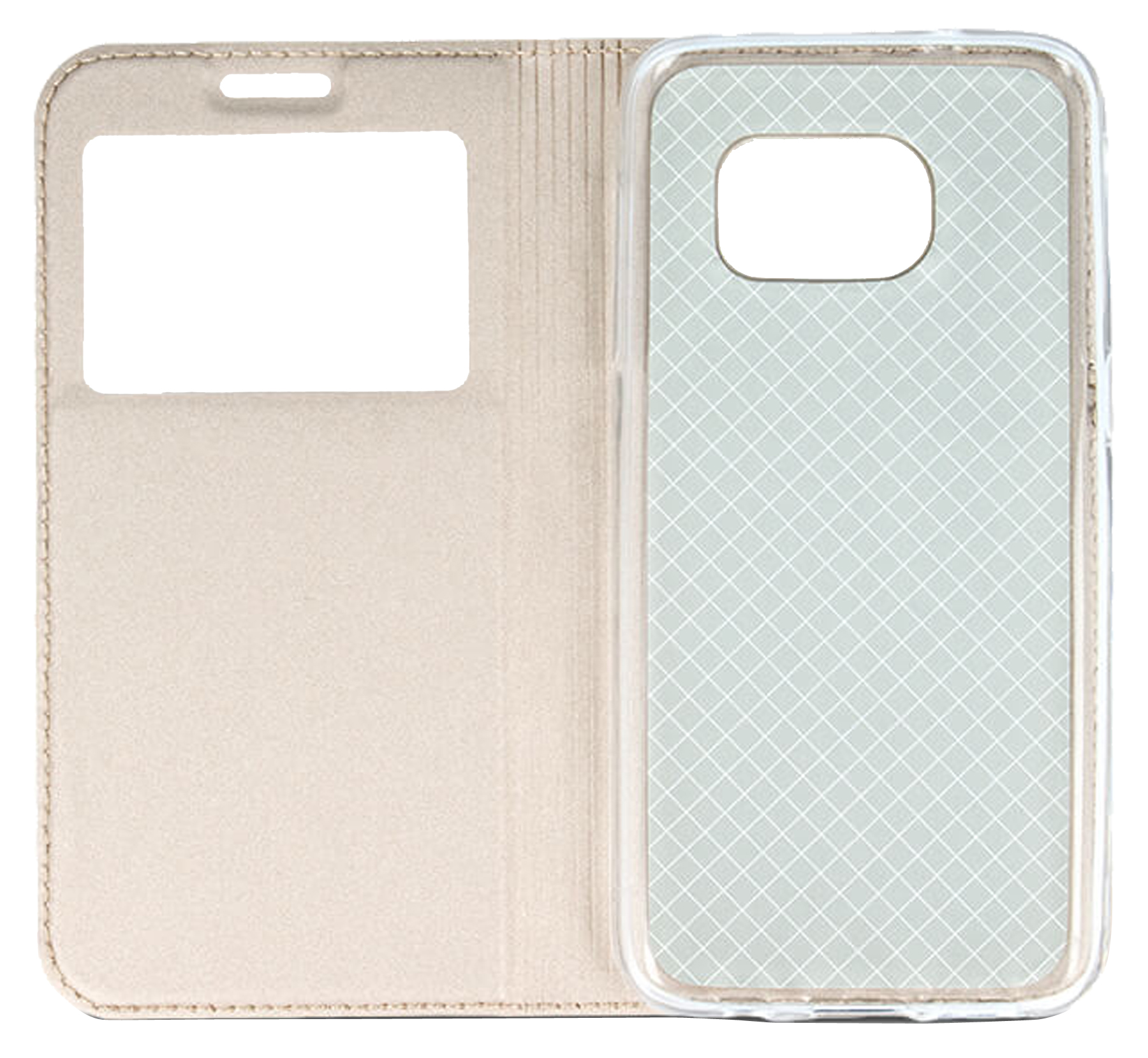 Eine Handyhülle ist geöffnet und zeigt ein Telefon im Inneren. Die Hülle ist beige, der Bildschirm sichtbar.