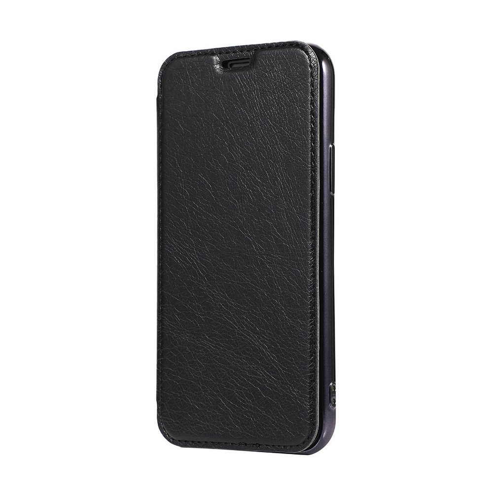 Eine schwarze Telefonhülle, geschlossen, mit schlankem Design und strukturierter Oberfläche.
