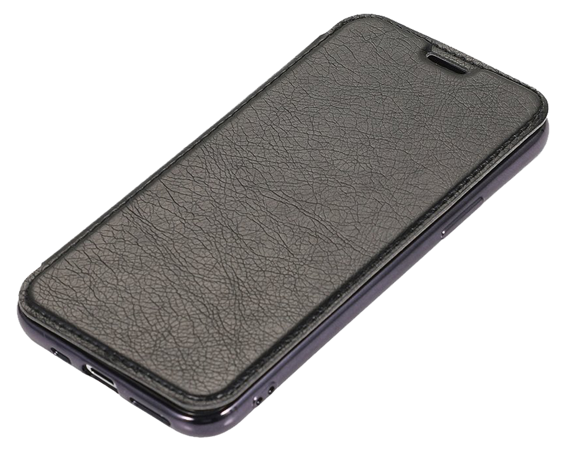 Eine geschlossene schwarze Telefonhülle mit strukturierter Oberfläche. Die Hülle hat ein schlankes Design.
