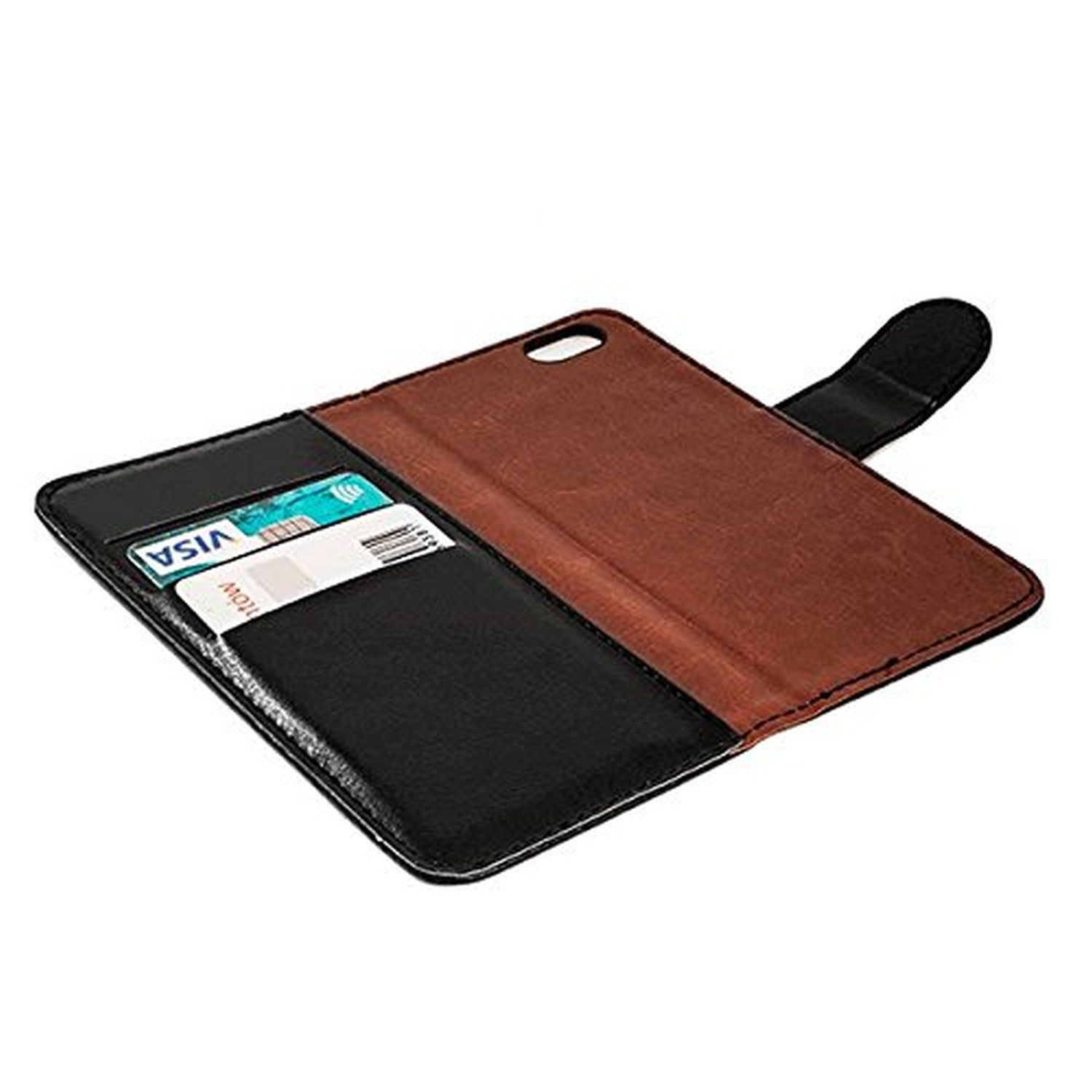 Eine offene schwarze und braune Handyhülle mit Karten darin.
