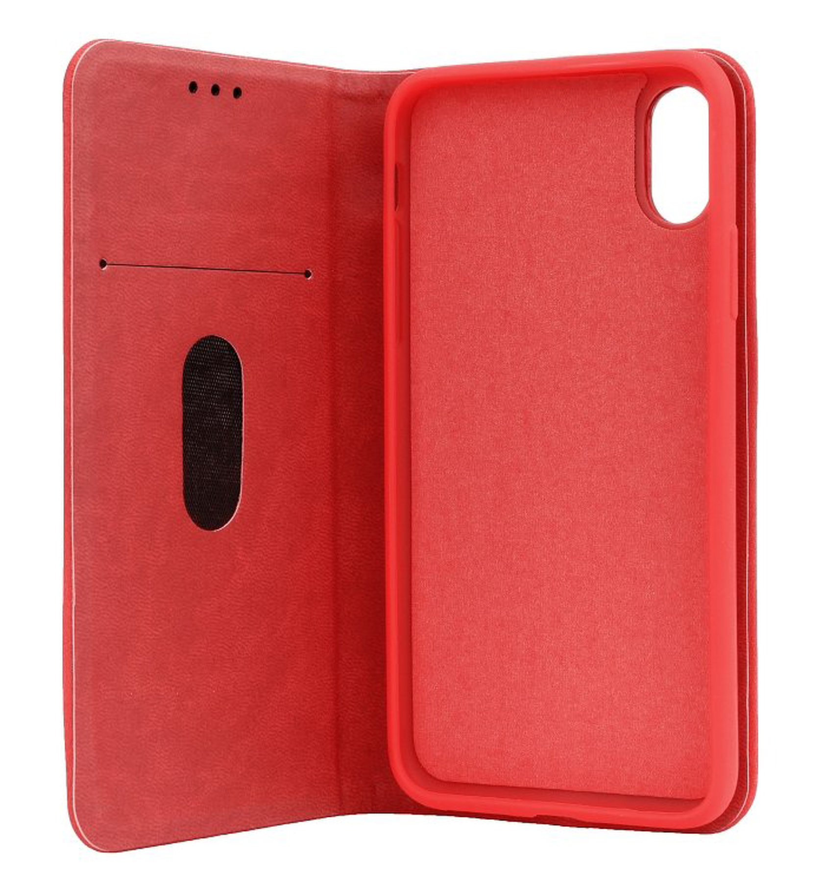 Geöffnete rote Handyhülle mit einem Telefon darin.