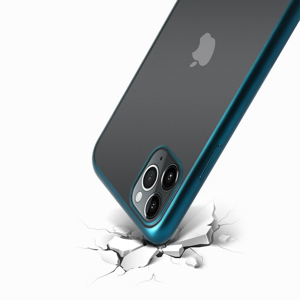 Telefon in blauem Gehäuse. Das Gehäuse berührt den zerbrochenen Boden.