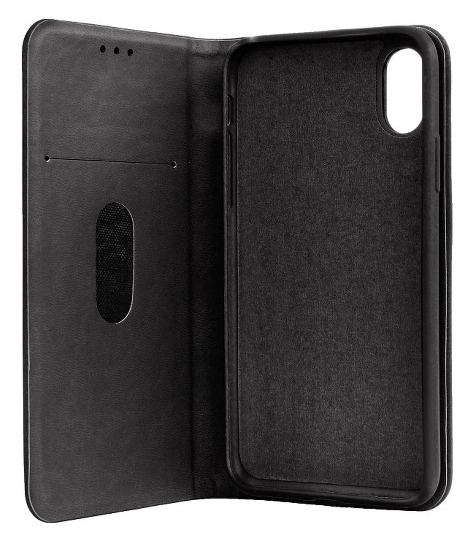 Schwarze Handyhülle offen. Schwarzes Telefon im Inneren. Weißer Hintergrund.