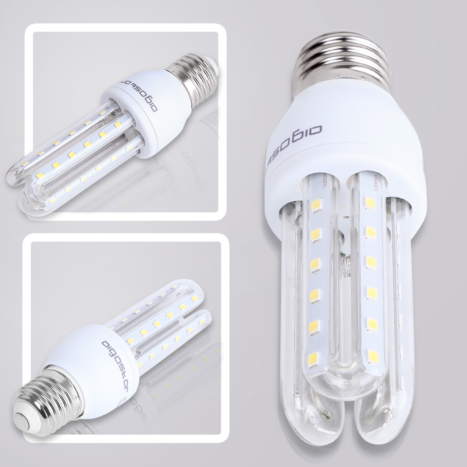 Una lampadina LED bianca con base E27, tre tubi a forma di U e LED visibili.