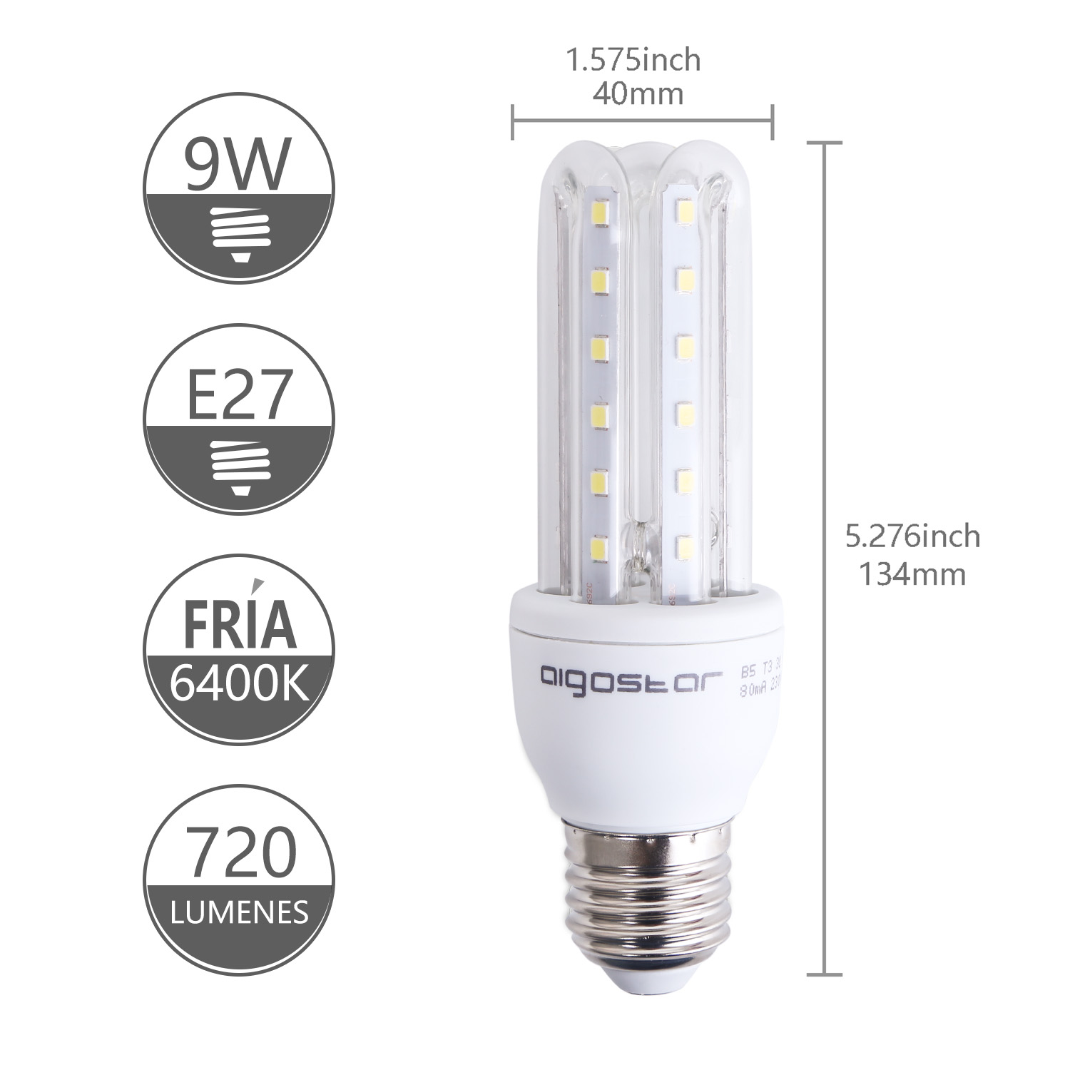 Una lampadina LED da 9W, E27 con 720 lumen, 6400K, lunga 134mm, larga 40mm.