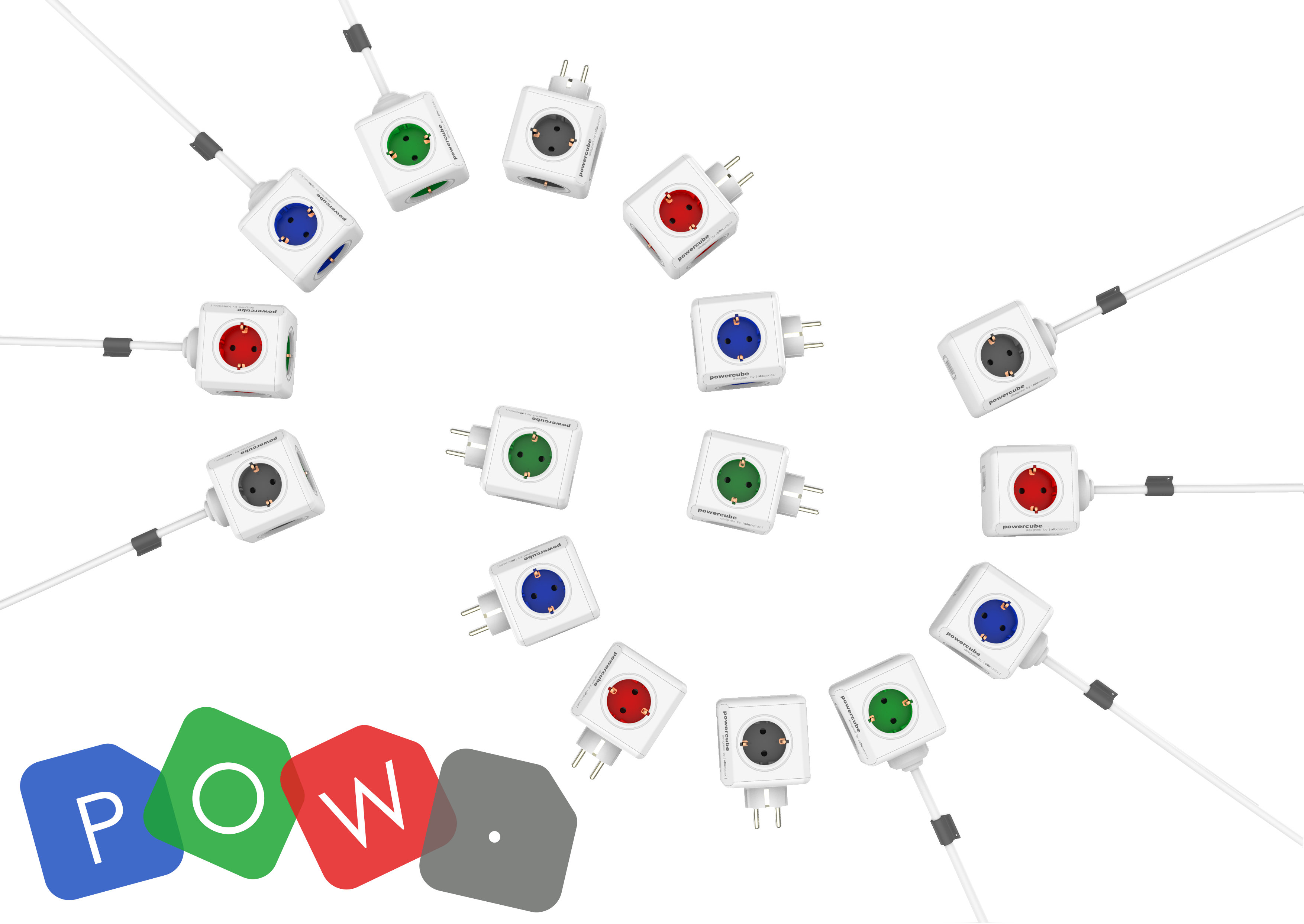 Mehrere weiße und farbige PowerCube-Steckdosen sind kreisförmig auf weißem Hintergrund angeordnet.