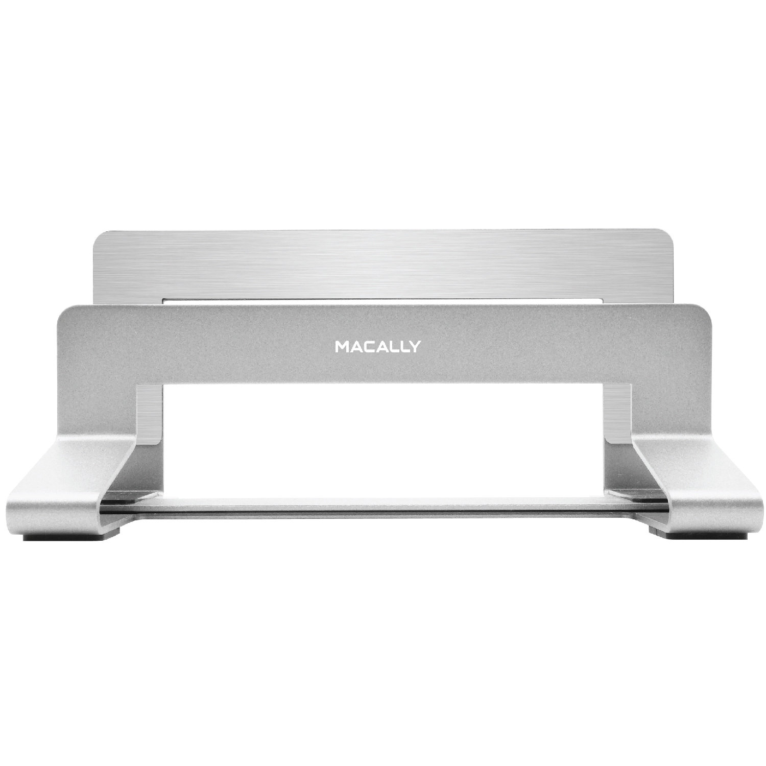 Silberner Laptopständer mit dem Markennamen MACALLY. Es ist ein einfaches, horizontales Design.
