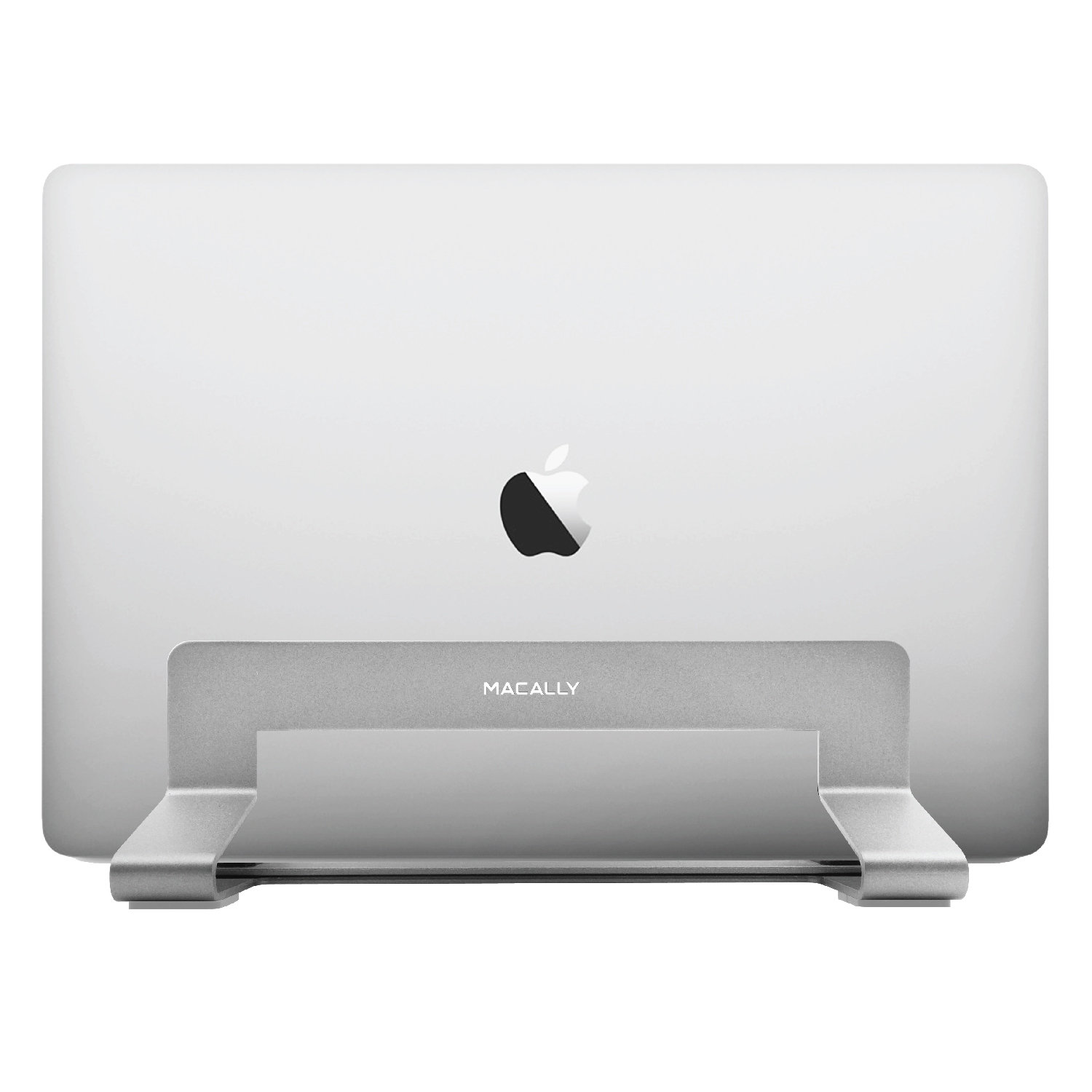Laptop auf einem silbernen Ständer. Das Apple-Logo ist auf der Rückseite des Laptops sichtbar.