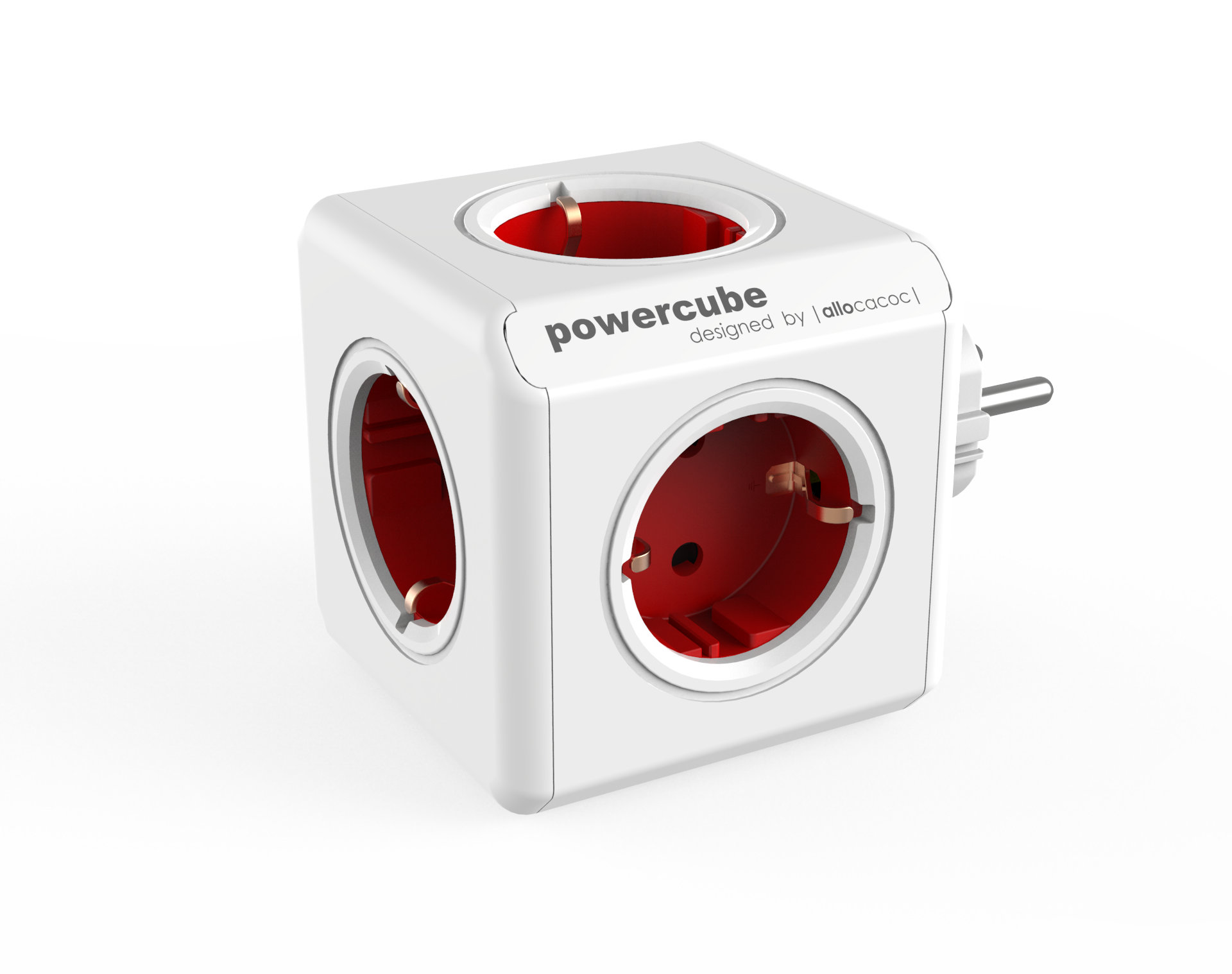 Weißer Würfel-Steckdosenadapter mit drei roten Steckdosen. Stecker an der Seite. Text: powercube.
