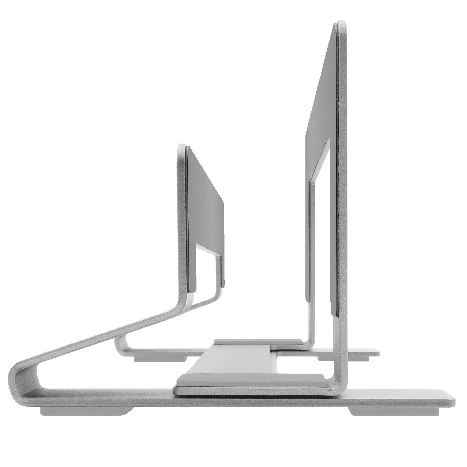 Silberne Laptopständer, Seitenansicht, abgewinkelt, auf weißem Hintergrund.