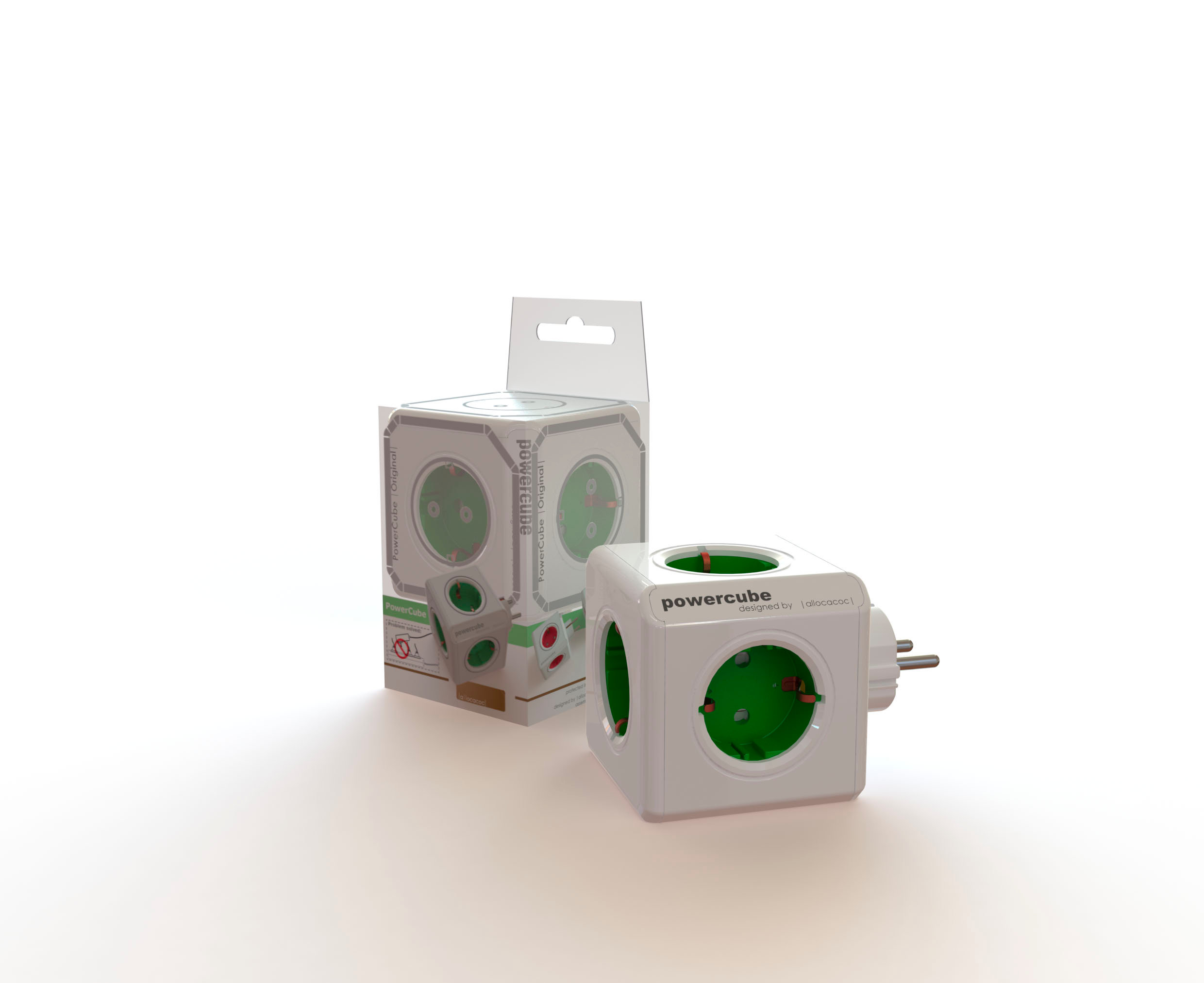 Ein weißer Powercube mit grünen Steckdosen. Ein Würfel befindet sich in der Box, ein anderer außerhalb. Weißer Hintergrund.