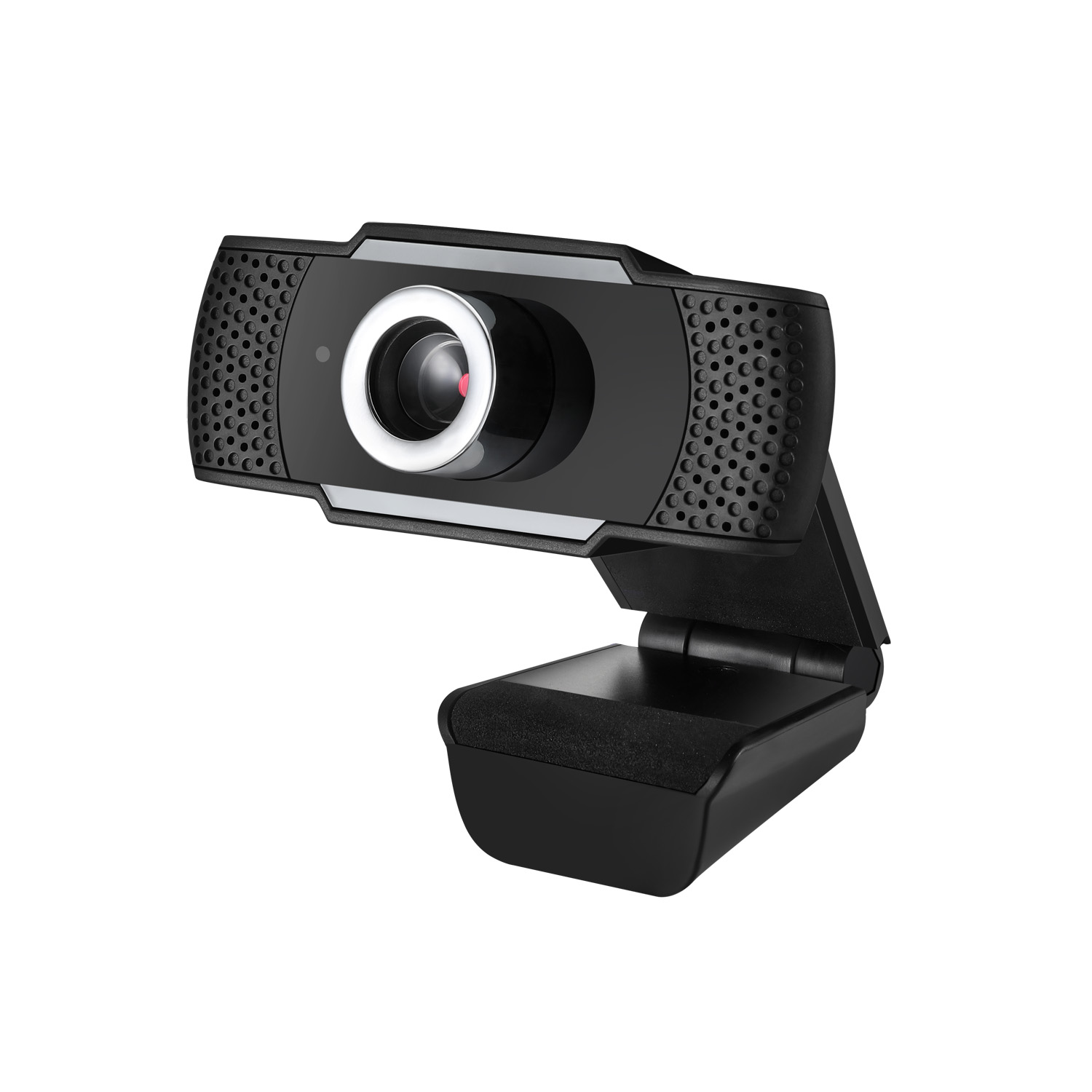 Webcam noire avec un anneau lumineux autour de l'objectif et un support.