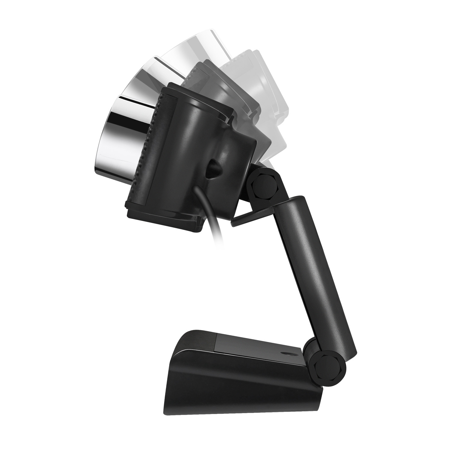 Une webcam noire sur un support, la caméra est inclinée et tournée vers l'avant.