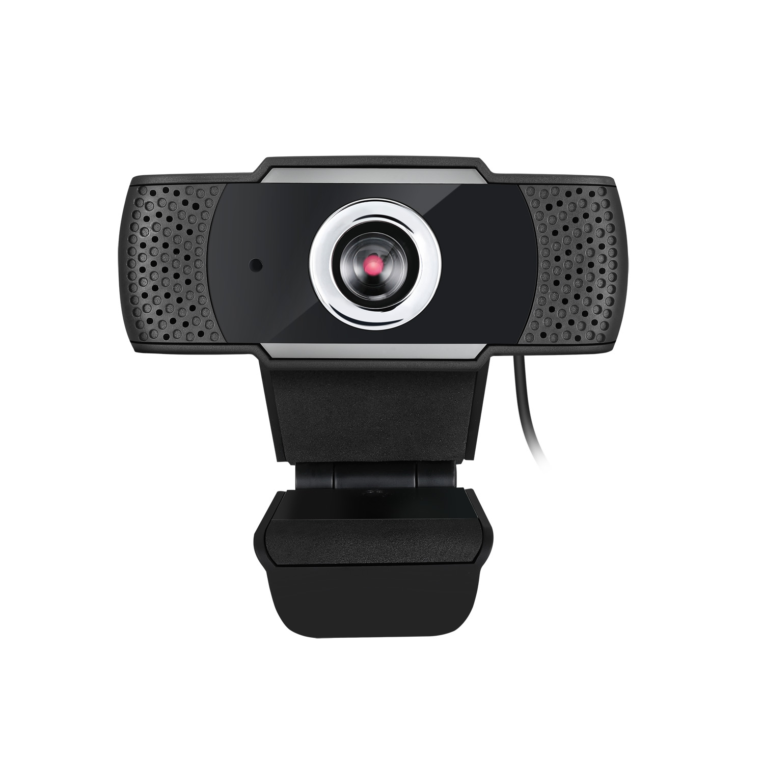Une webcam noire sur fond blanc. Elle a un objectif et des trous pour le microphone.